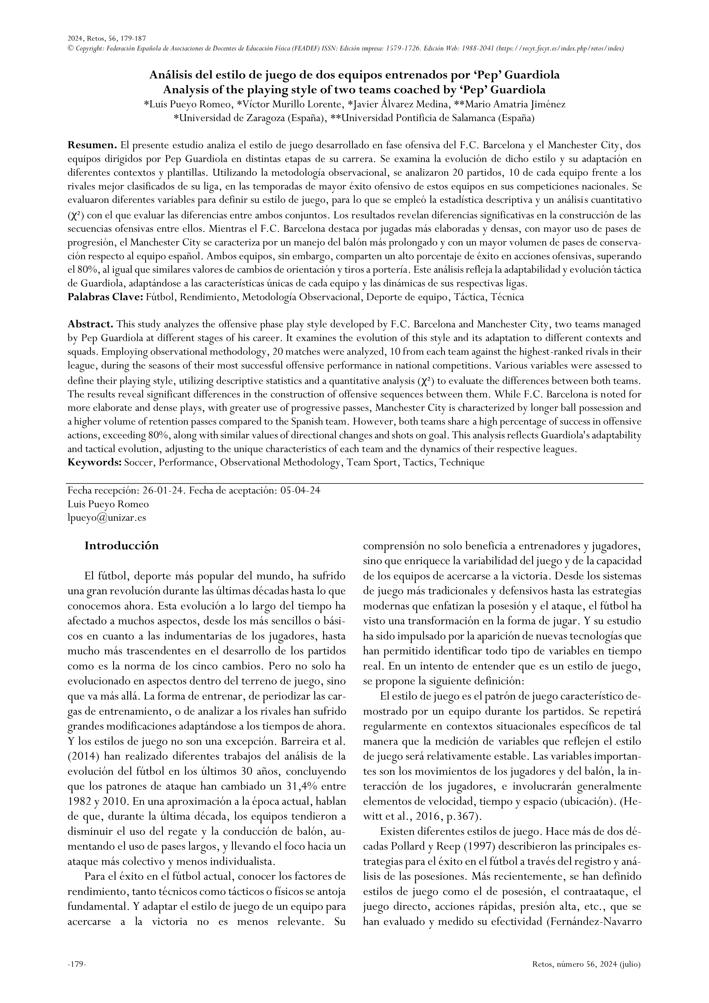 Análisis del estilo de juego de dos equipos entrenados por ‘Pep’ Guardiola (Analysis of the playing style of two teams coached by ‘Pep’ Guardiola)