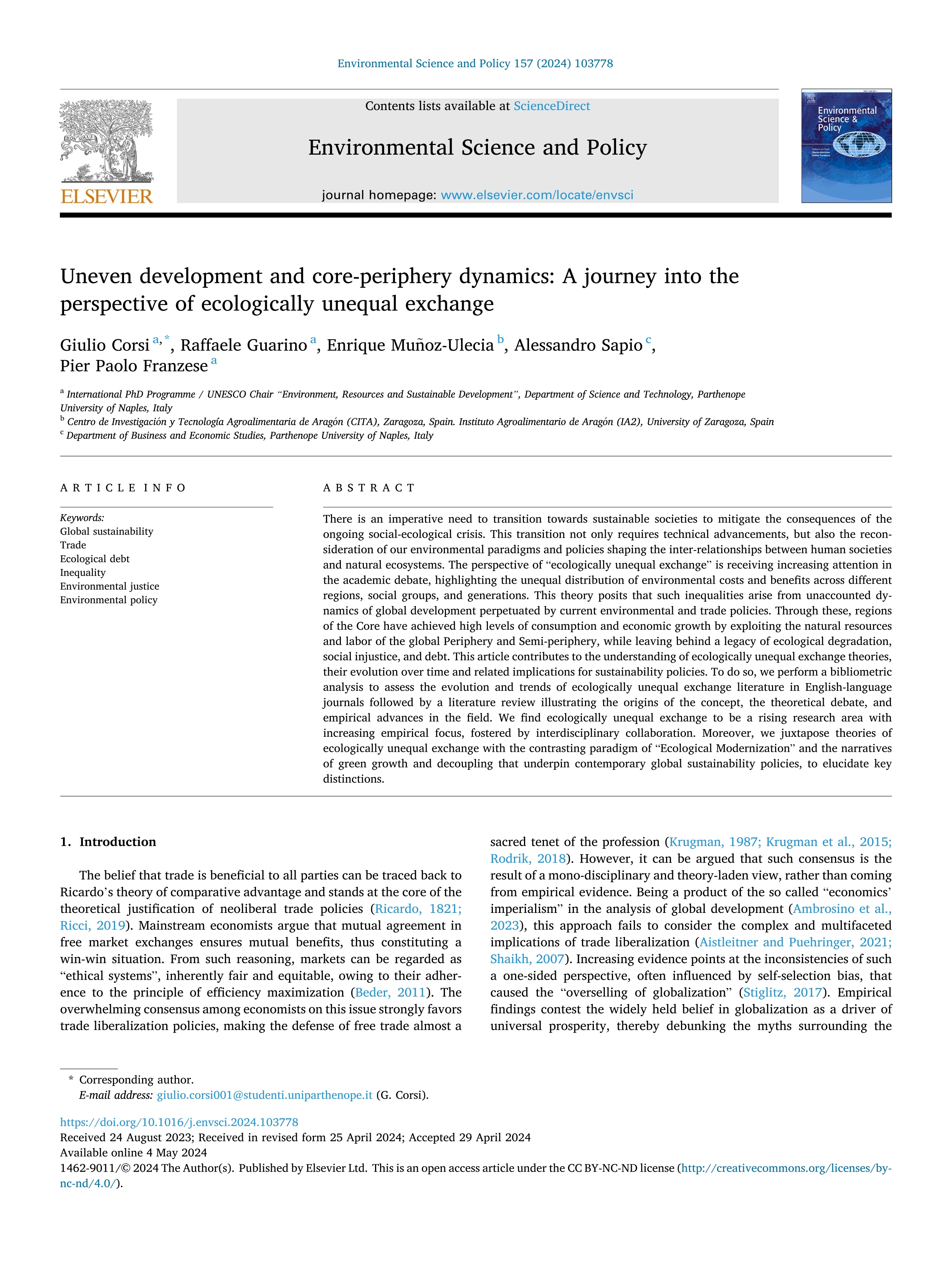 Uneven development and core-periphery dynamics: A journey into the perspective of ecologically unequal exchange