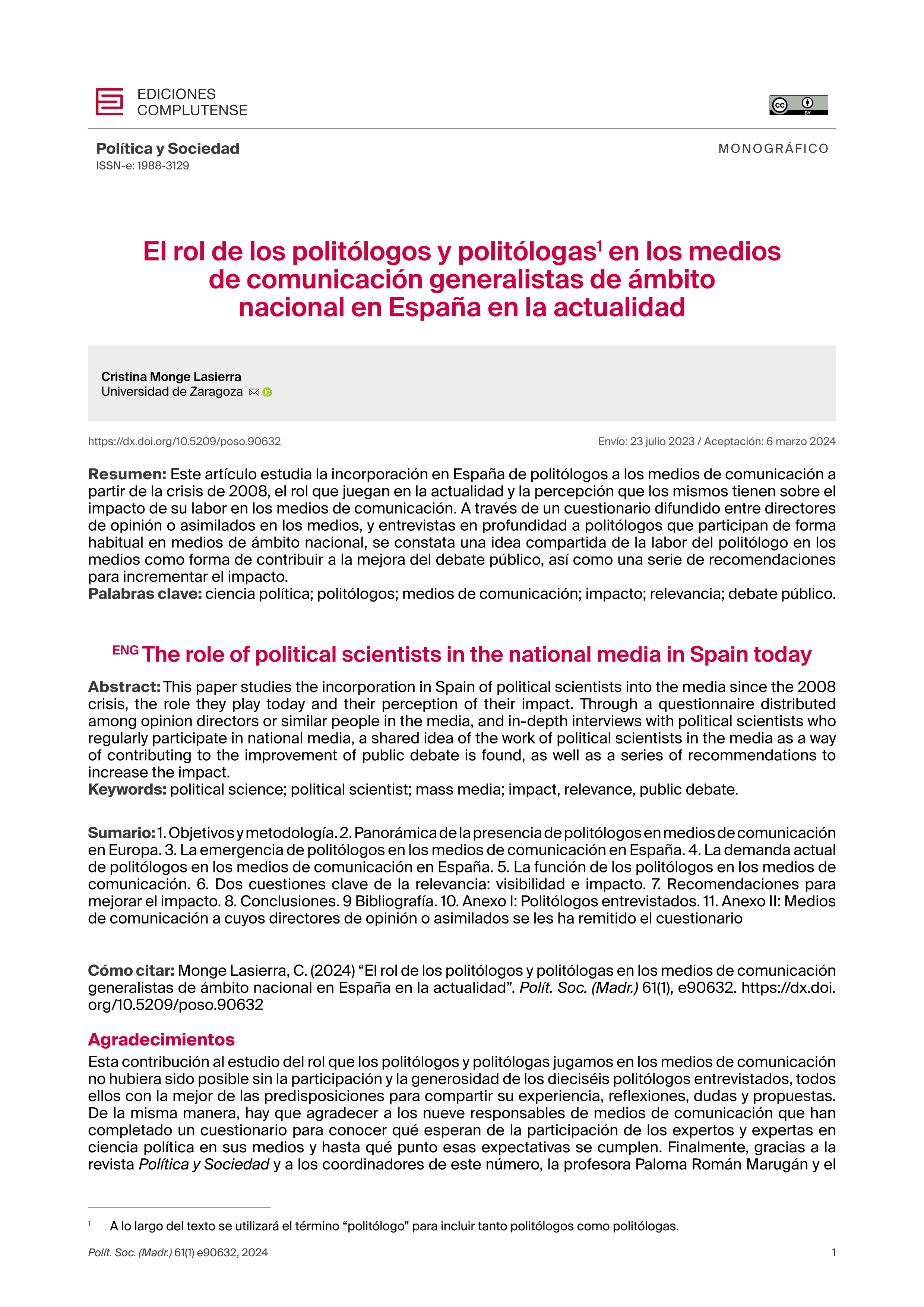 El rol de los politólogos y politólogas en los medios de comunicación generalistas de ámbito nacional en España en la actualidad