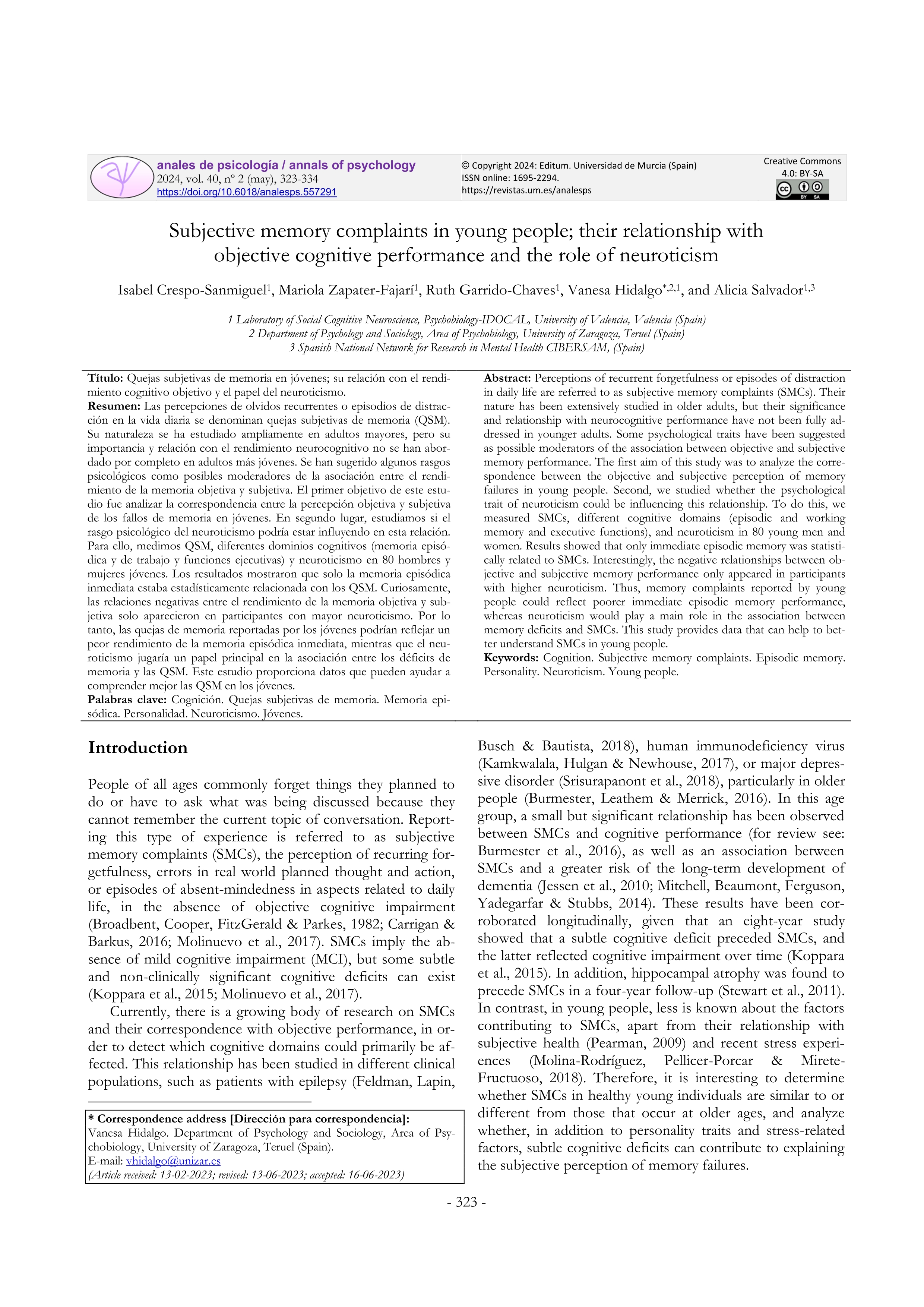 Subjective memory complaints in young people; their relationship with objective cognitive performance and the role of neuroticism