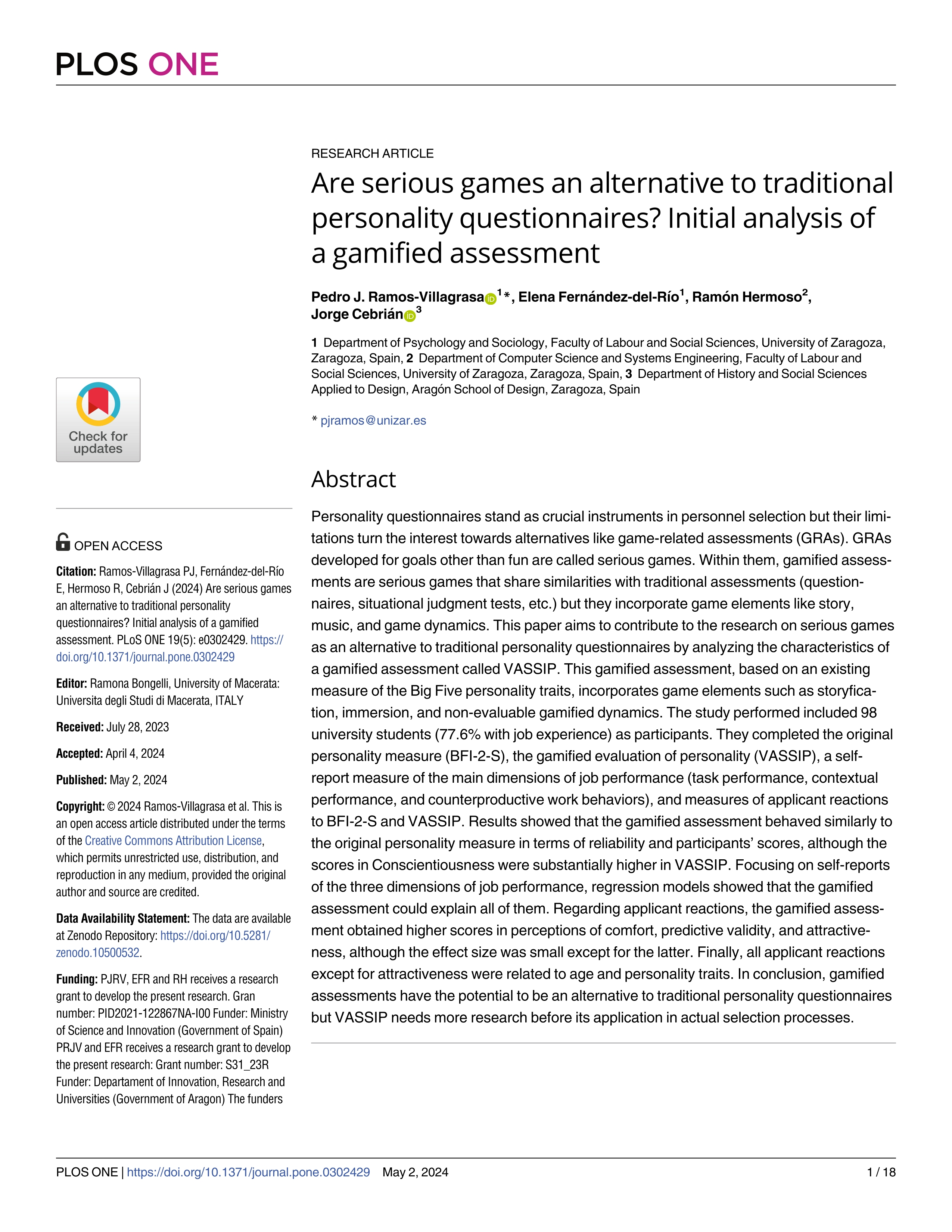 Are serious games an alternative to traditional personality questionnaires? Initial analysis of a gamified assessment