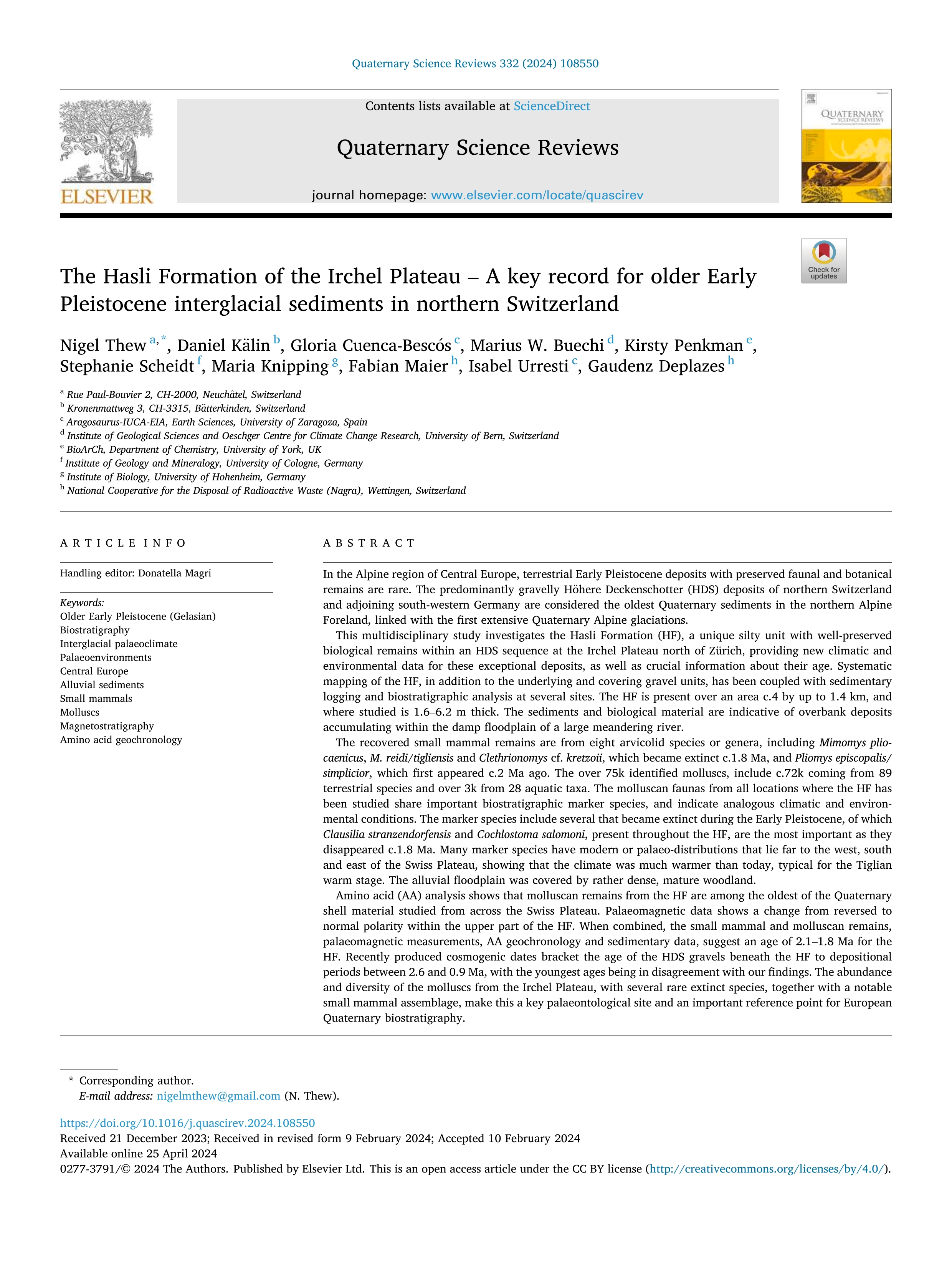 The Hasli formation of the Irchel plateau – a key record for older early Pleistocene interglacial sediments in northern Switzerland