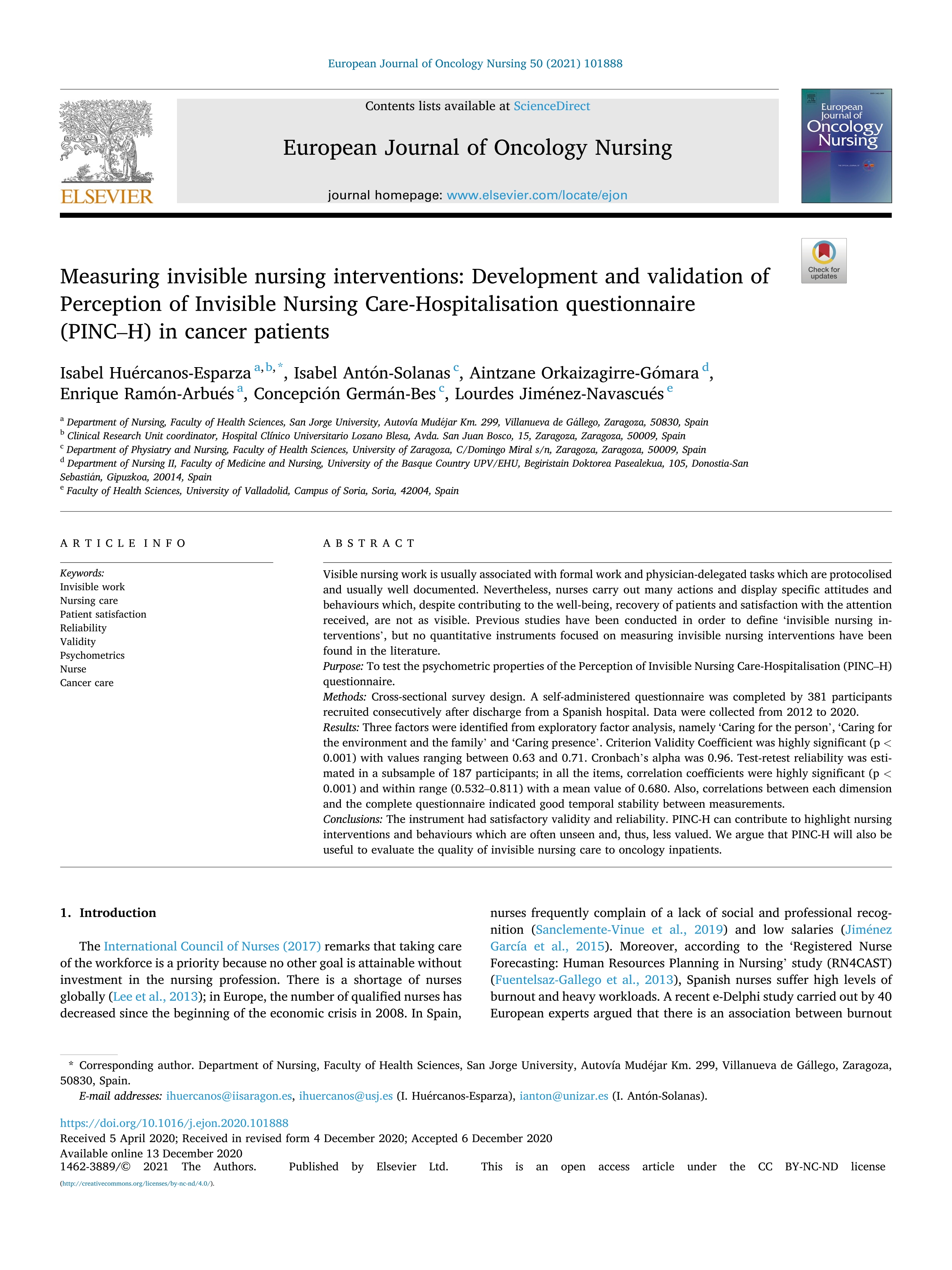 Measuring invisible nursing interventions: Development and validation of Perception of Invisible Nursing Care-Hospitalisation questionnaire (PINC–H) in cancer patients