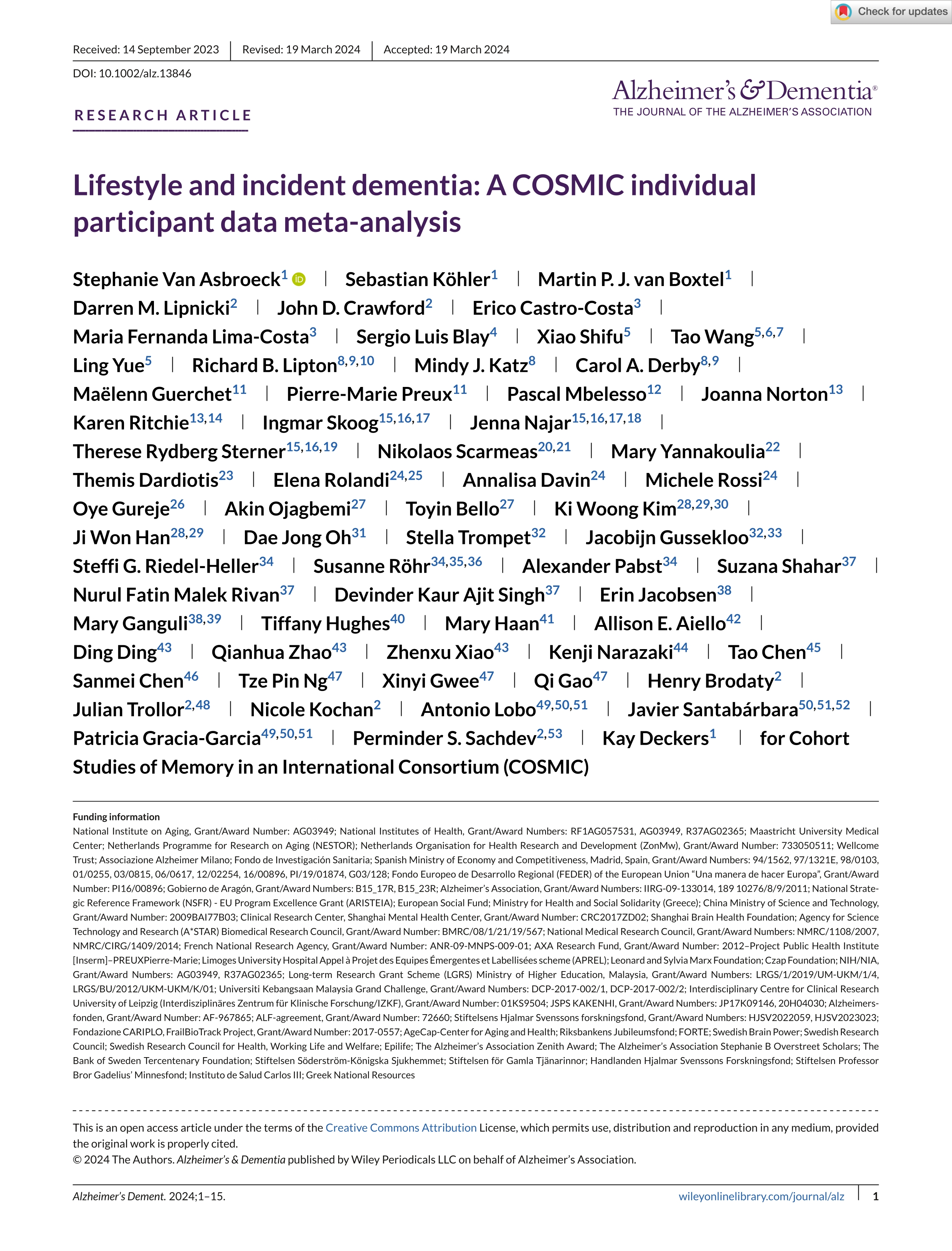 Lifestyle and incident dementia: A COSMIC individual participant data meta-analysis