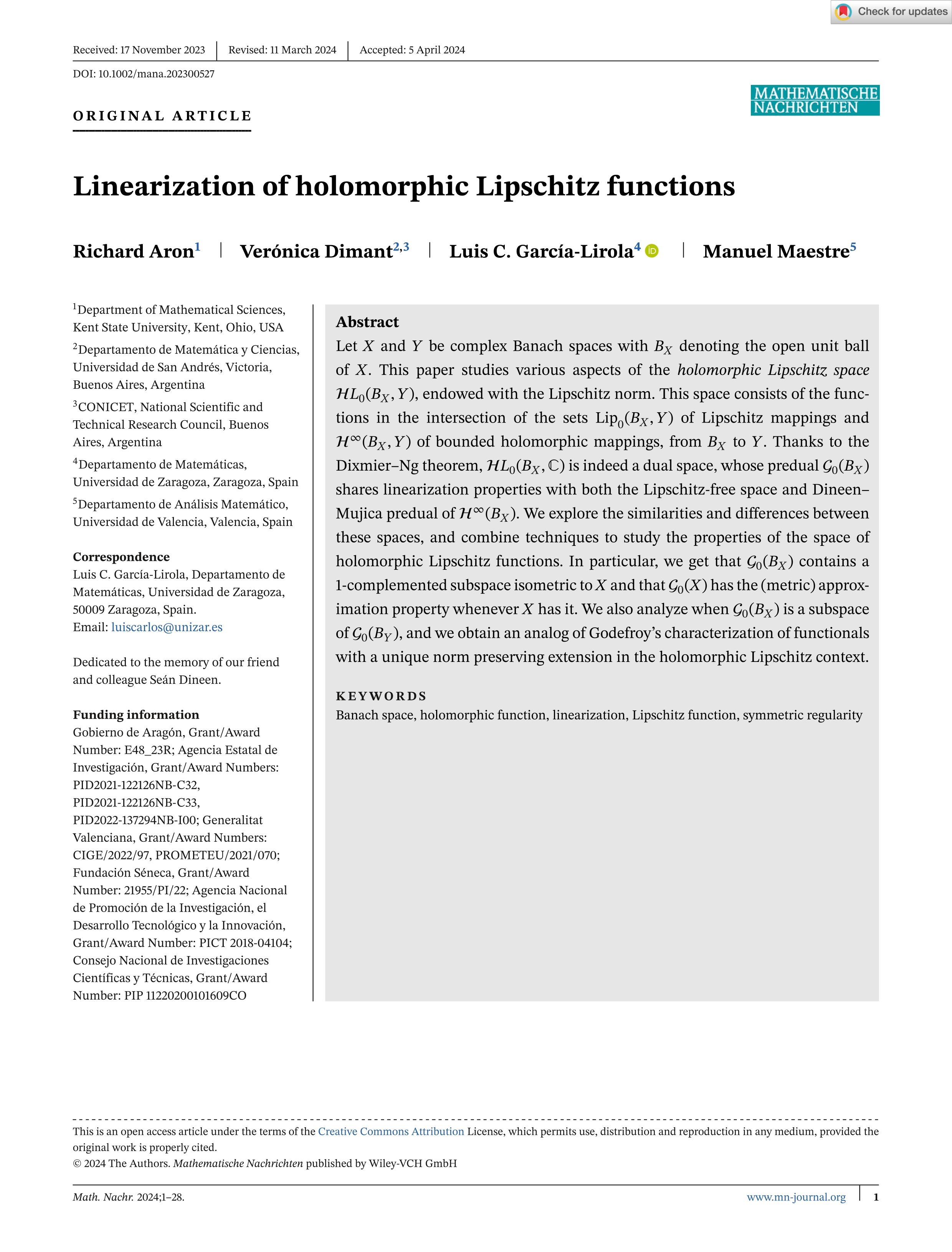 Linearization of holomorphic Lipschitz functions