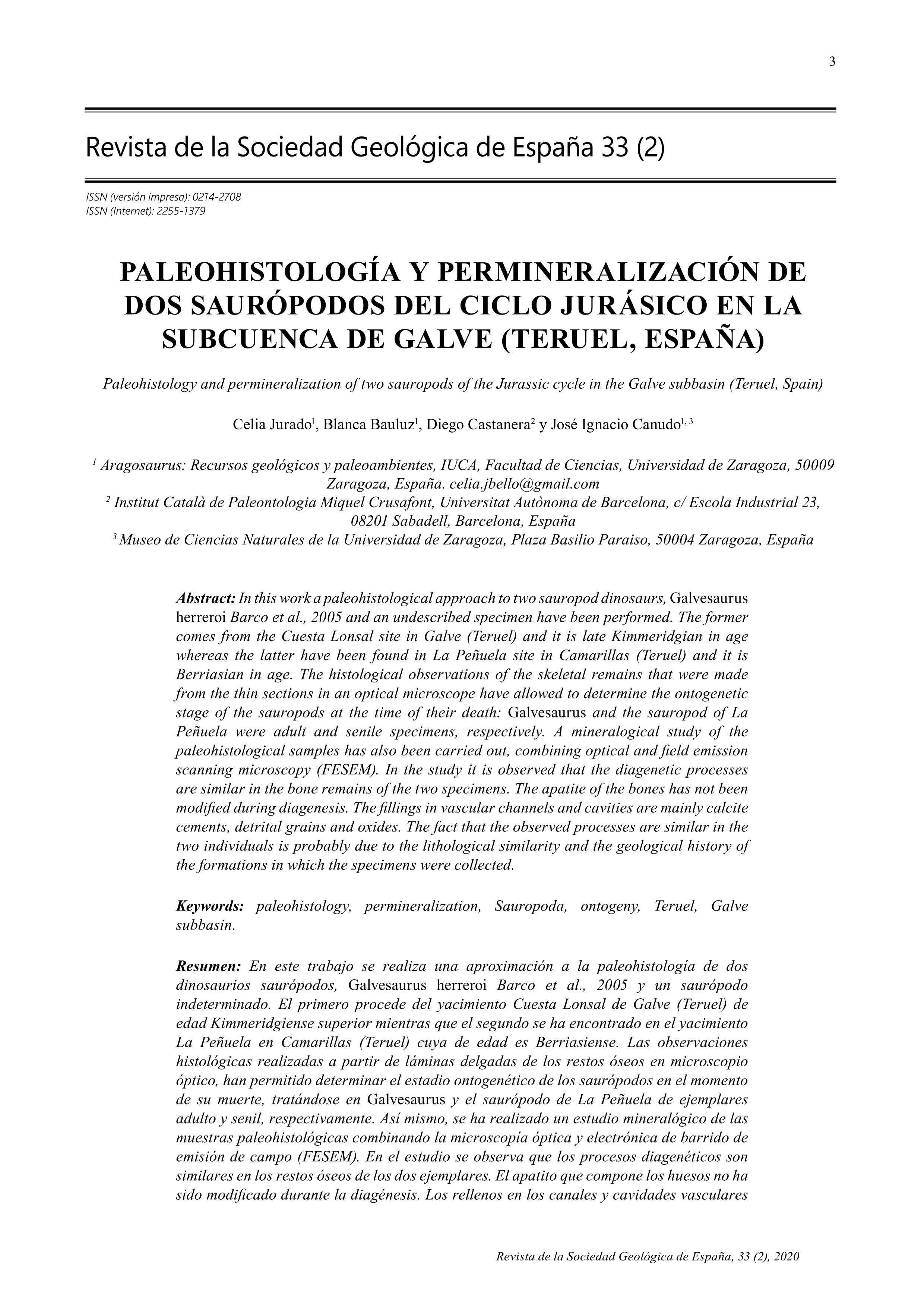 Paleohistología y permineralización de dos saurópodos del ciclo Jurásico en la subcuenca de Galve (Teruel, España)