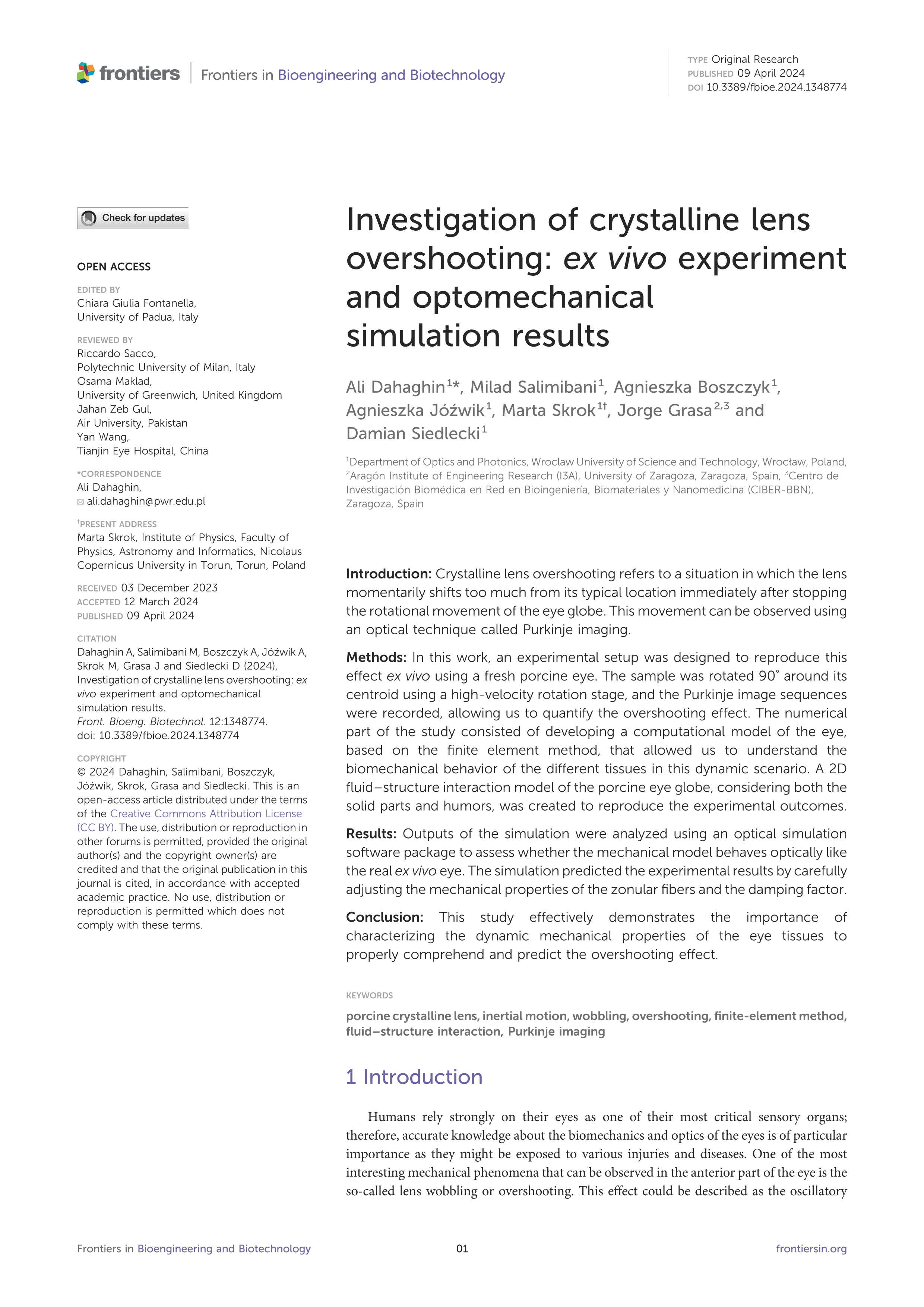 Investigation of crystalline lens overshooting: ex vivo experiment and optomechanical simulation results