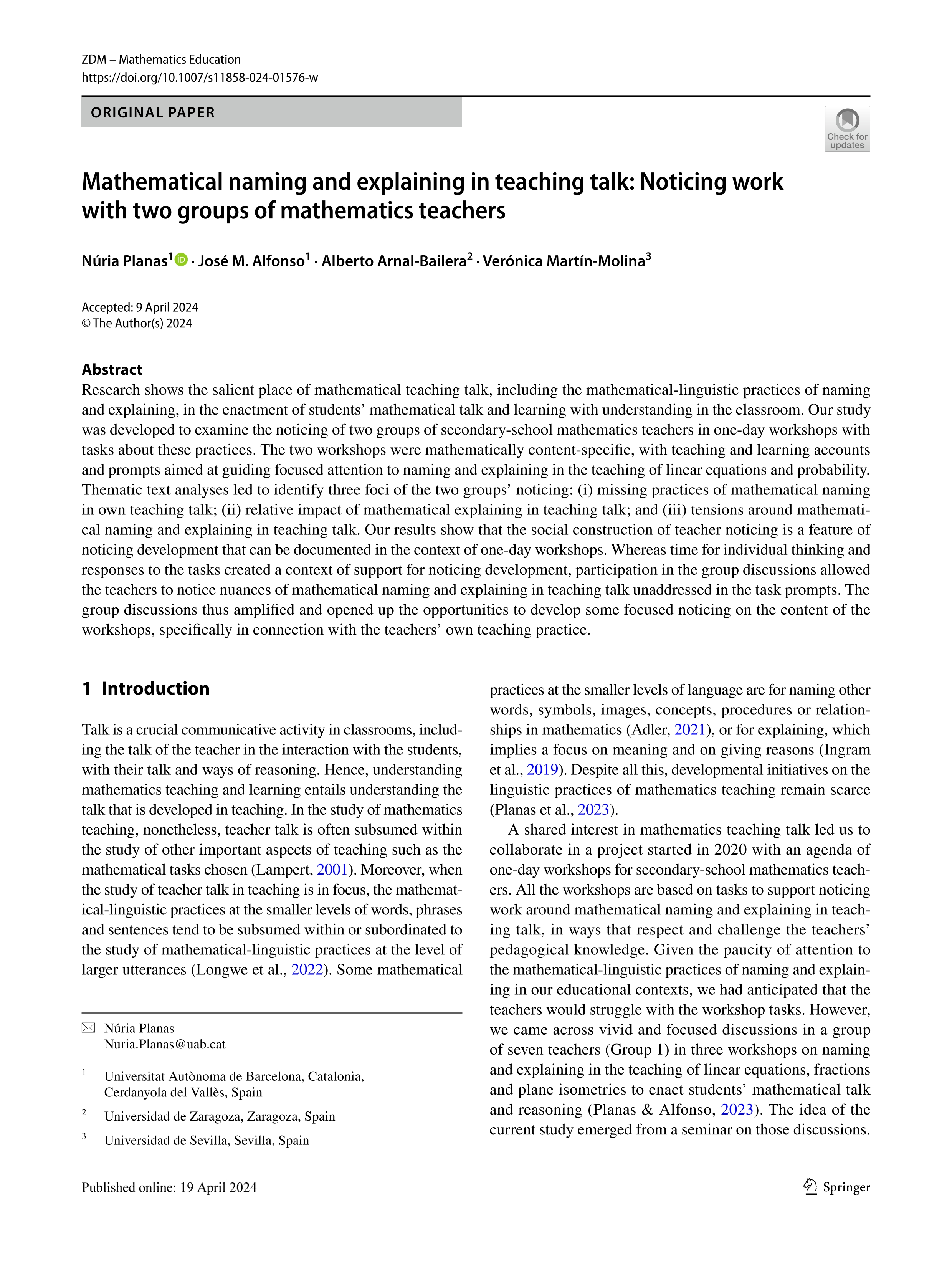 Mathematical naming and explaining in teaching talk: Noticing work with two groups of mathematics teachers