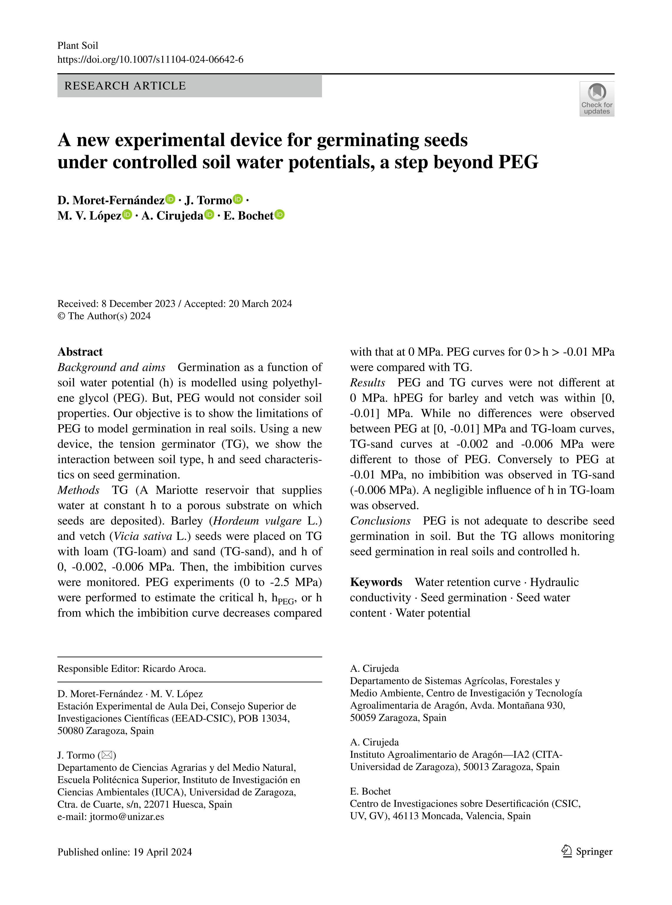 A new experimental device for germinating seeds under controlled soil water potentials, a step beyond PEG