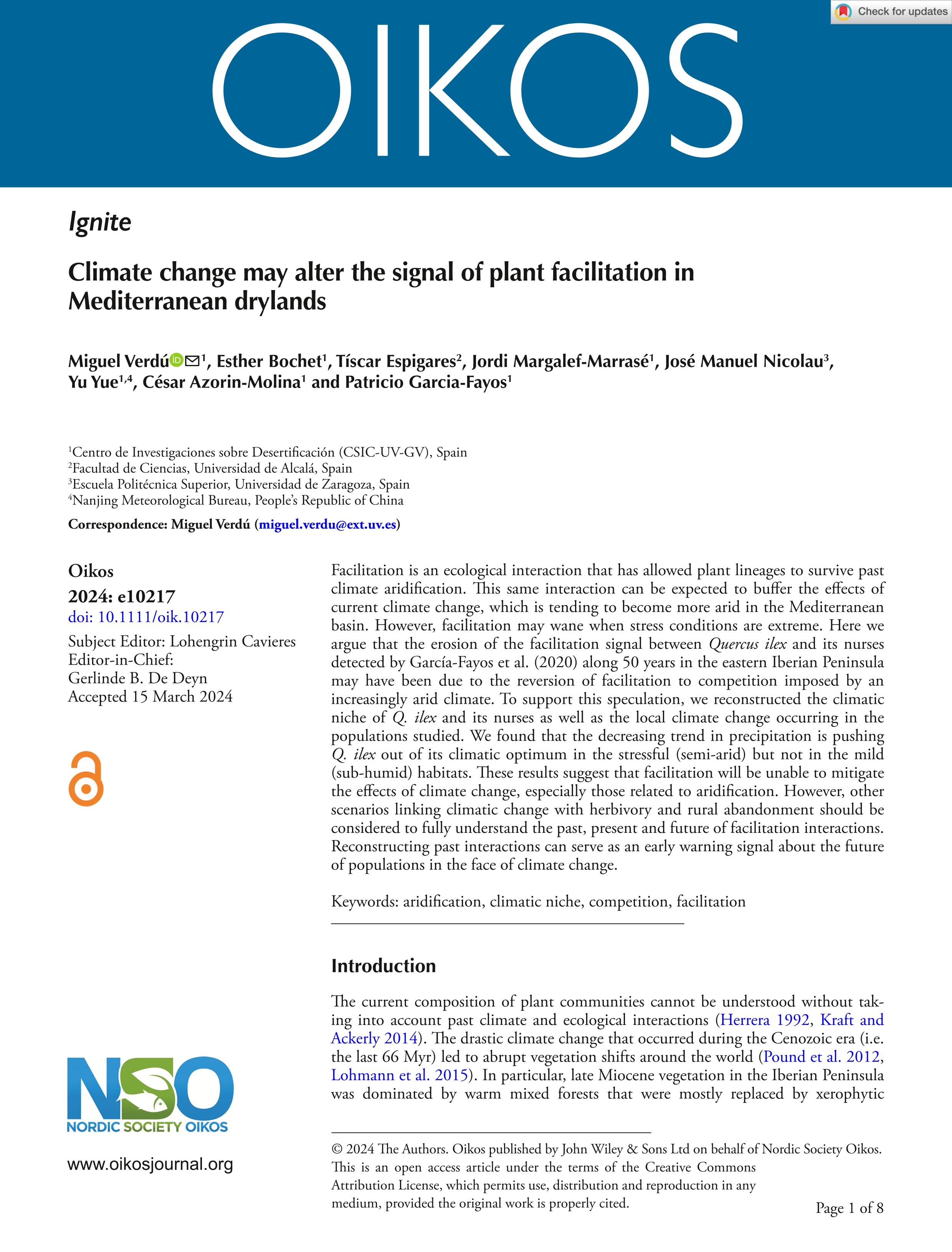 Climate change may alter the signal of plant facilitation in Mediterranean drylands