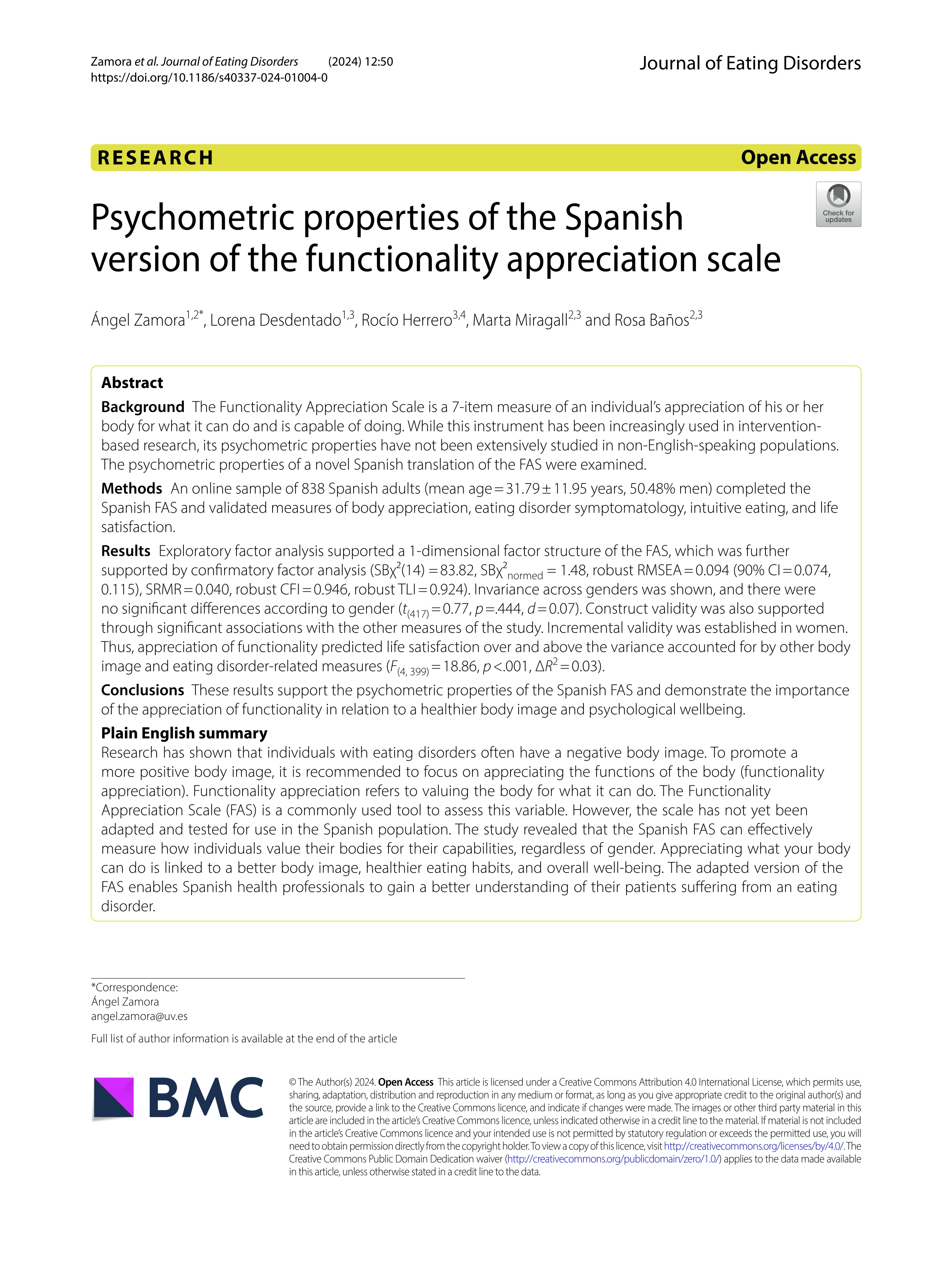 Psychometric properties of the Spanish version of the functionality appreciation scale