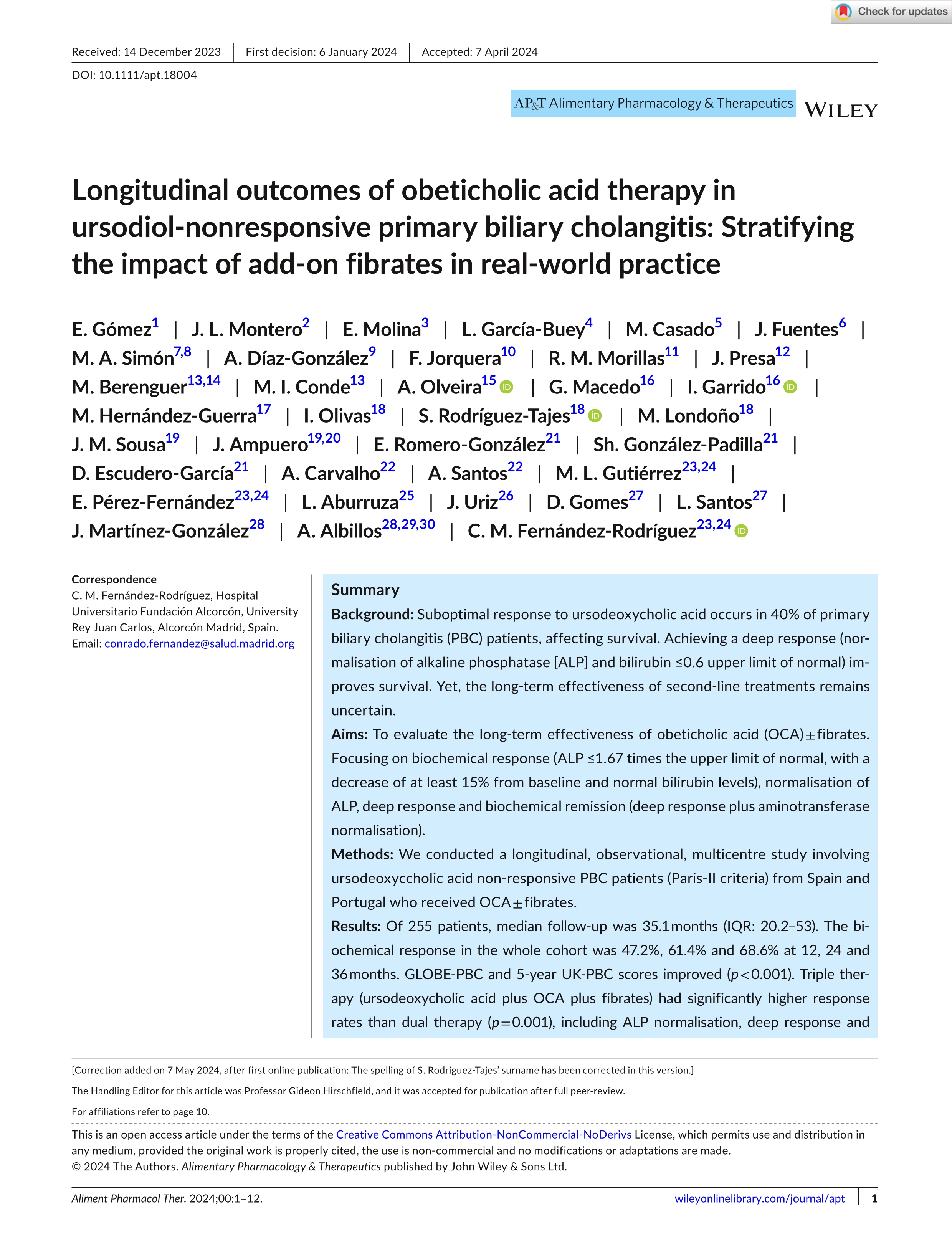 Longitudinal outcomes of obeticholic acid therapy in ursodiol-nonresponsive primary biliary cholangitis: Stratifying the impact of add-on fibrates in real-world practice