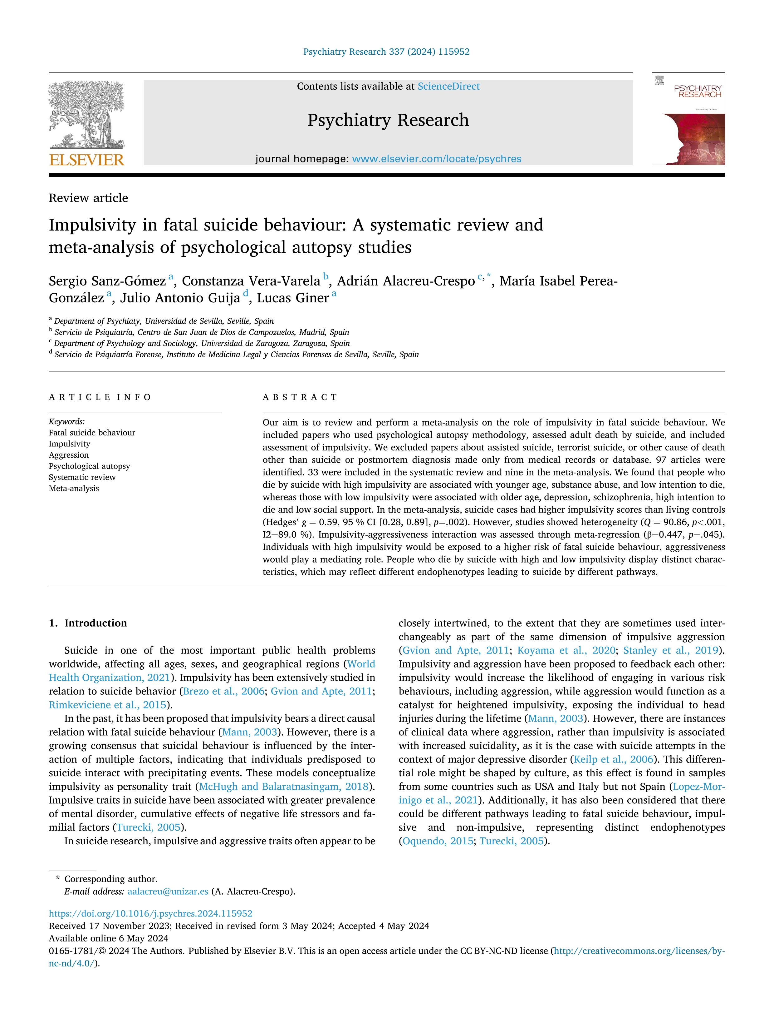 Impulsivity in fatal suicide behaviour: A systematic review and meta-analysis of psychological autopsy studies