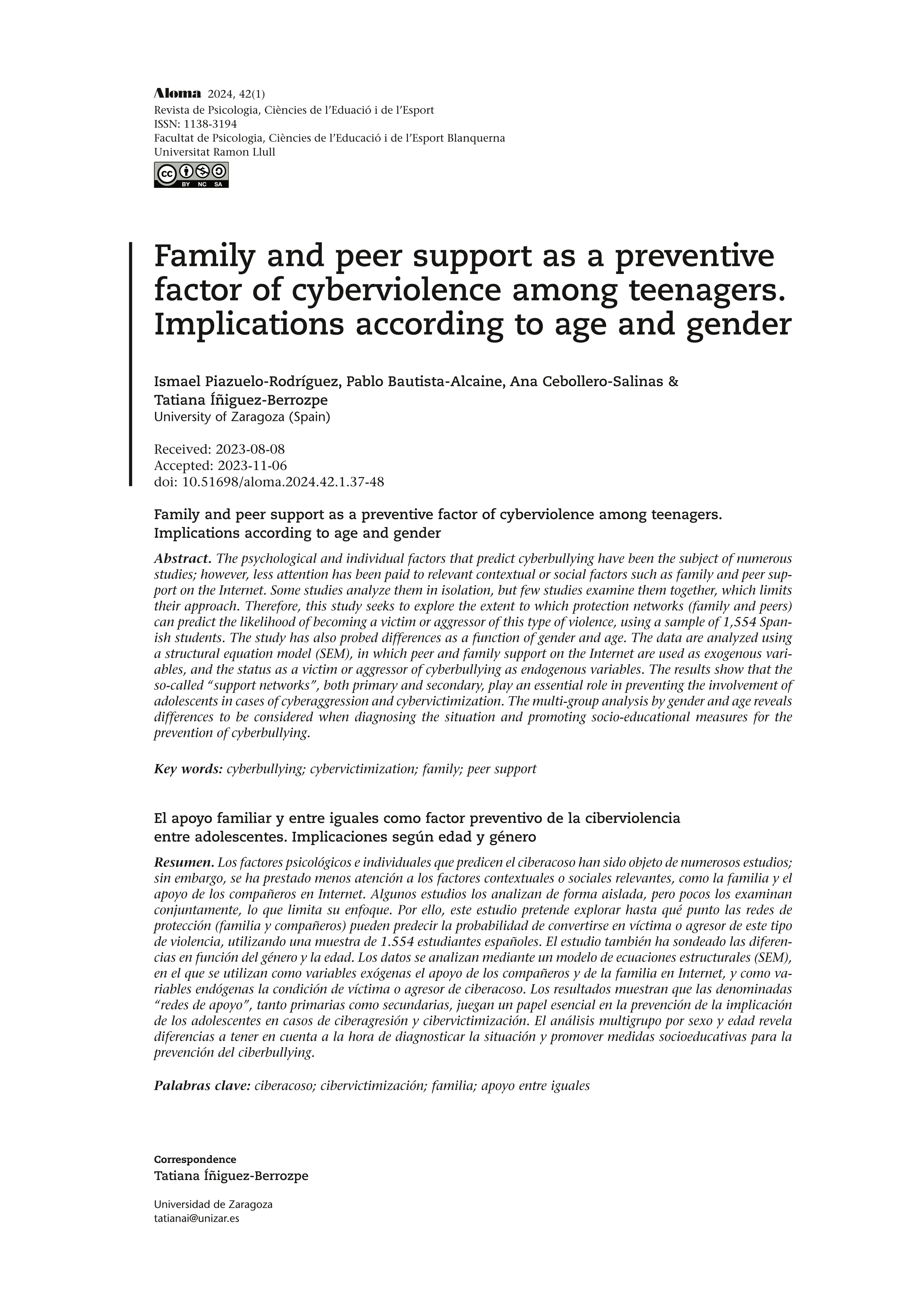Family and peer support as a preventive factor of cyberviolence among teenagers. Implications according to age and gender