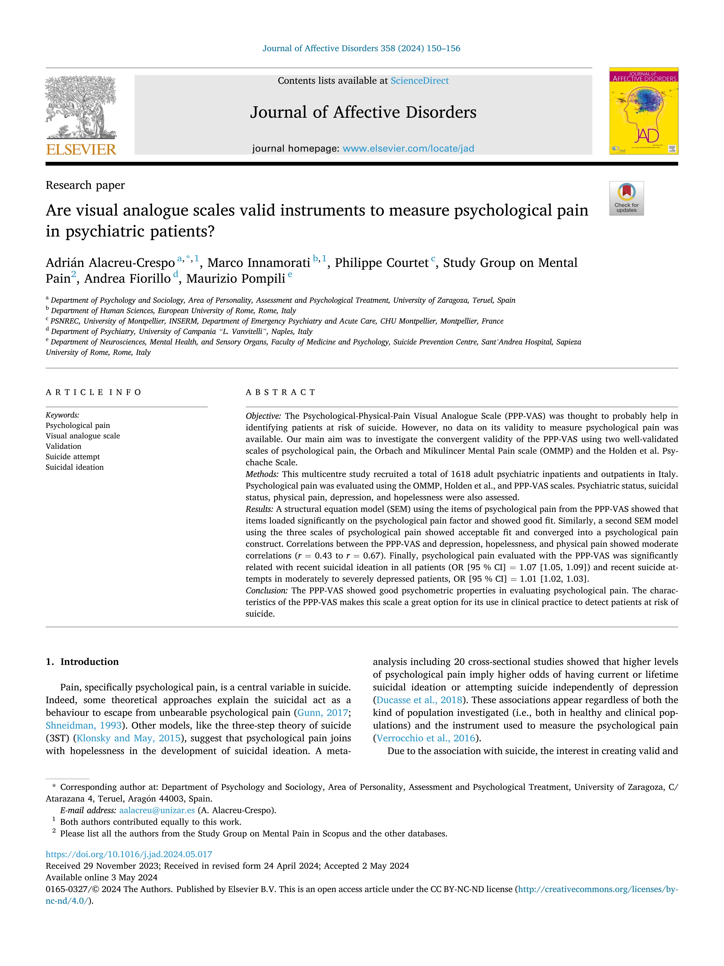 Are visual analogue scales valid instruments to measure psychological pain in psychiatric patients?