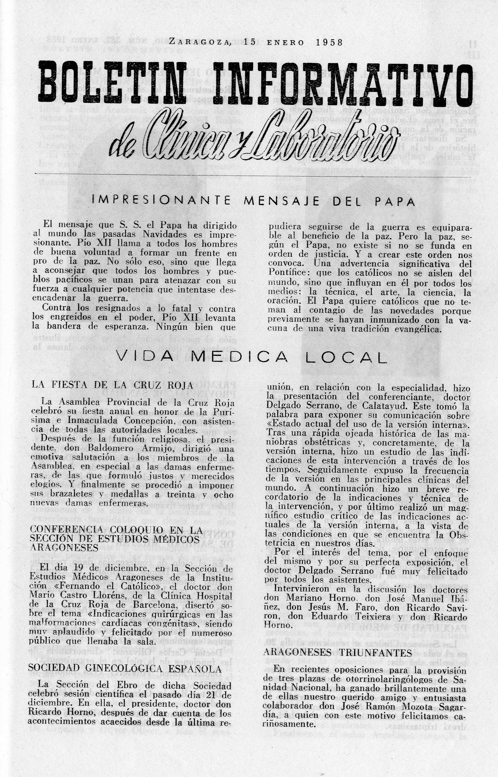 Boletín informativo de Clínica y laboratorio, Año 1958,  (1958)