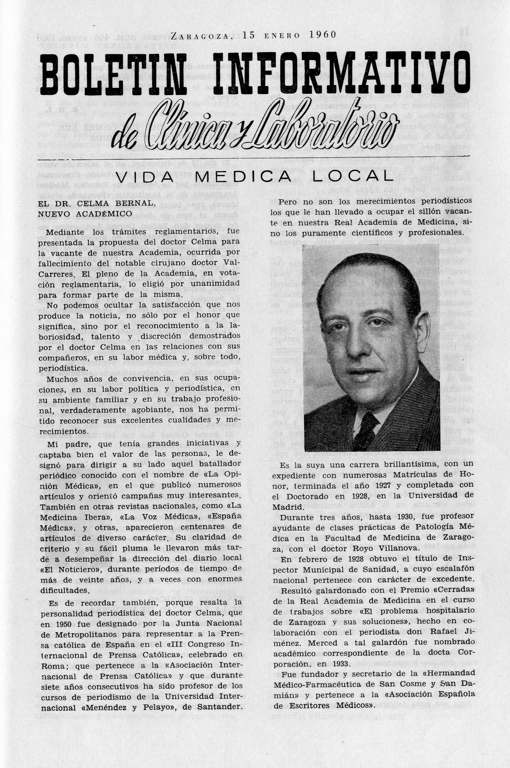 Boletín informativo de Clínica y laboratorio, Año 1960,  (1960)