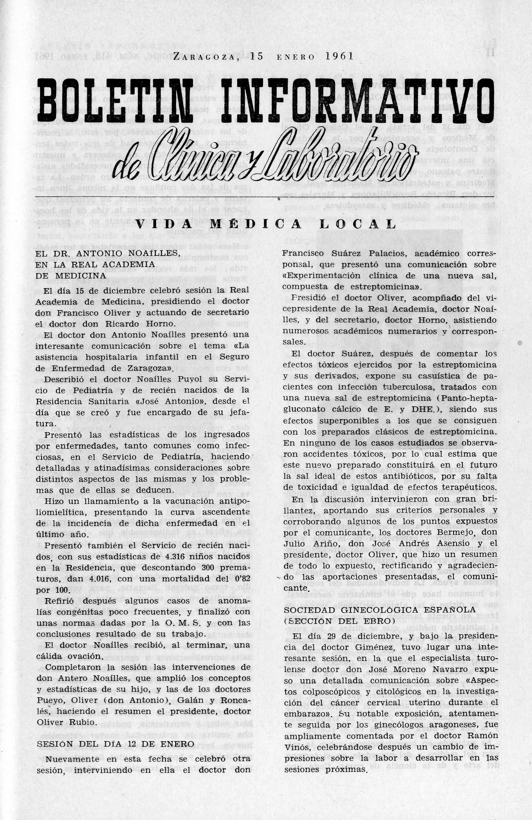 Boletín informativo de Clínica y laboratorio, Año 1961,  (1961)
