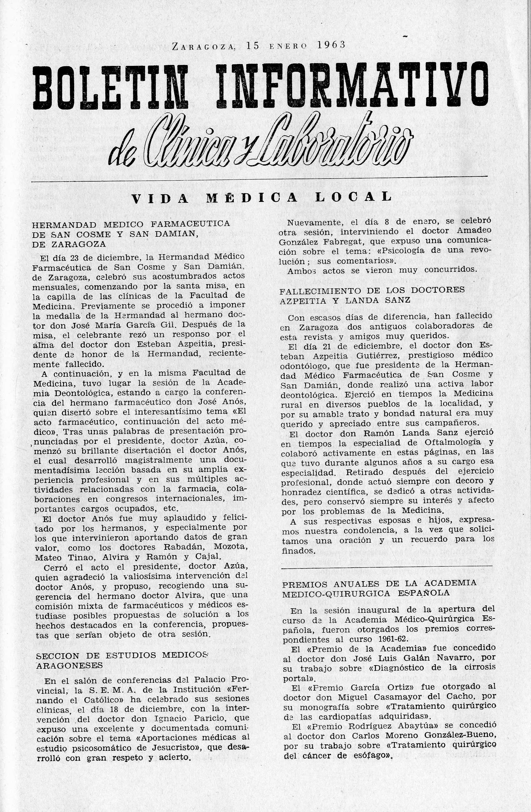 Boletín informativo de Clínica y laboratorio, Año 1963,  (1963)