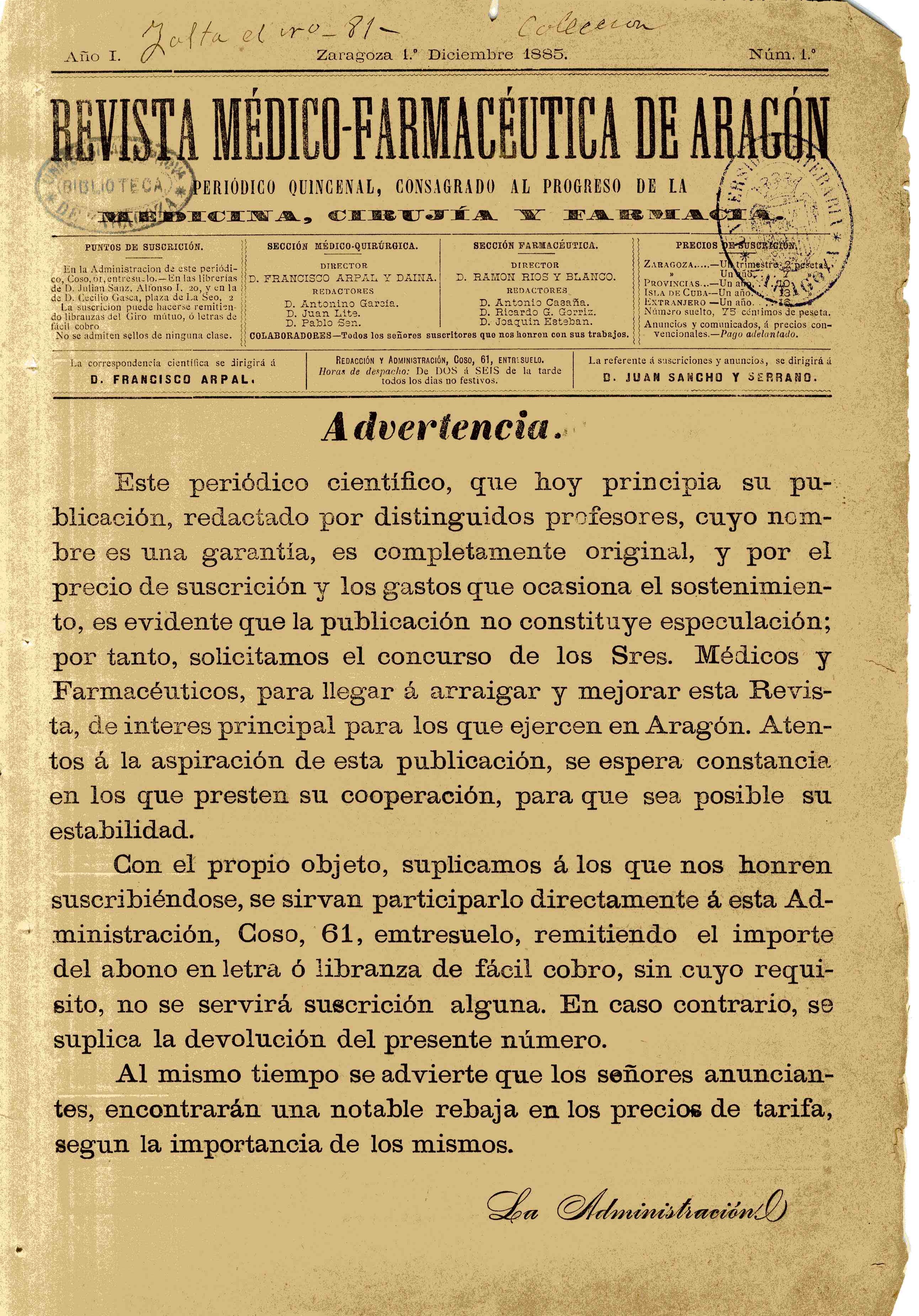 Revista médico-farmacéutica de Aragón, Año 1, 1 (1885)