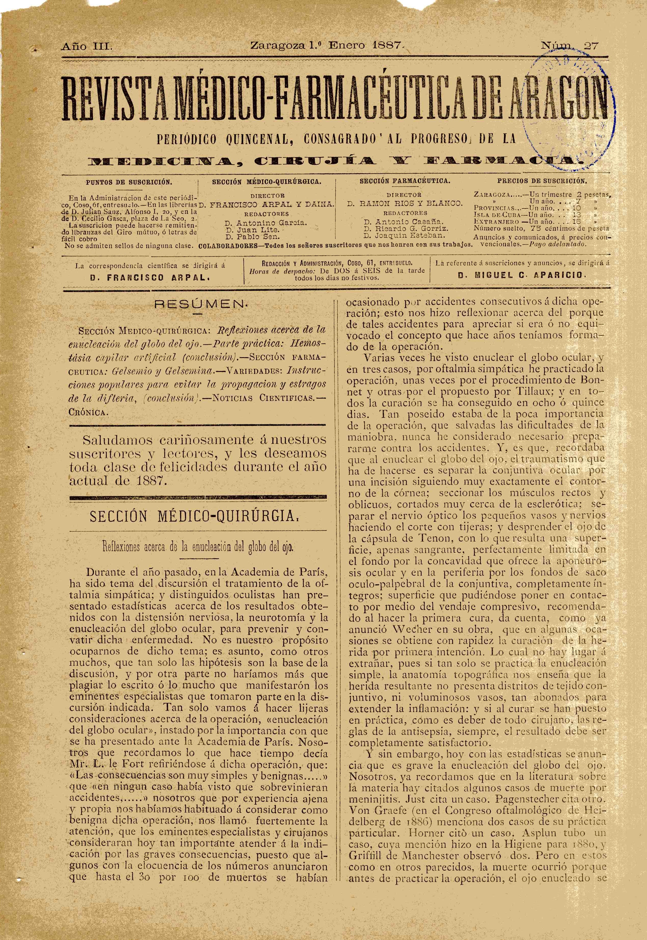 Revista médico-farmacéutica de Aragón, Año 3, 3 (1887)