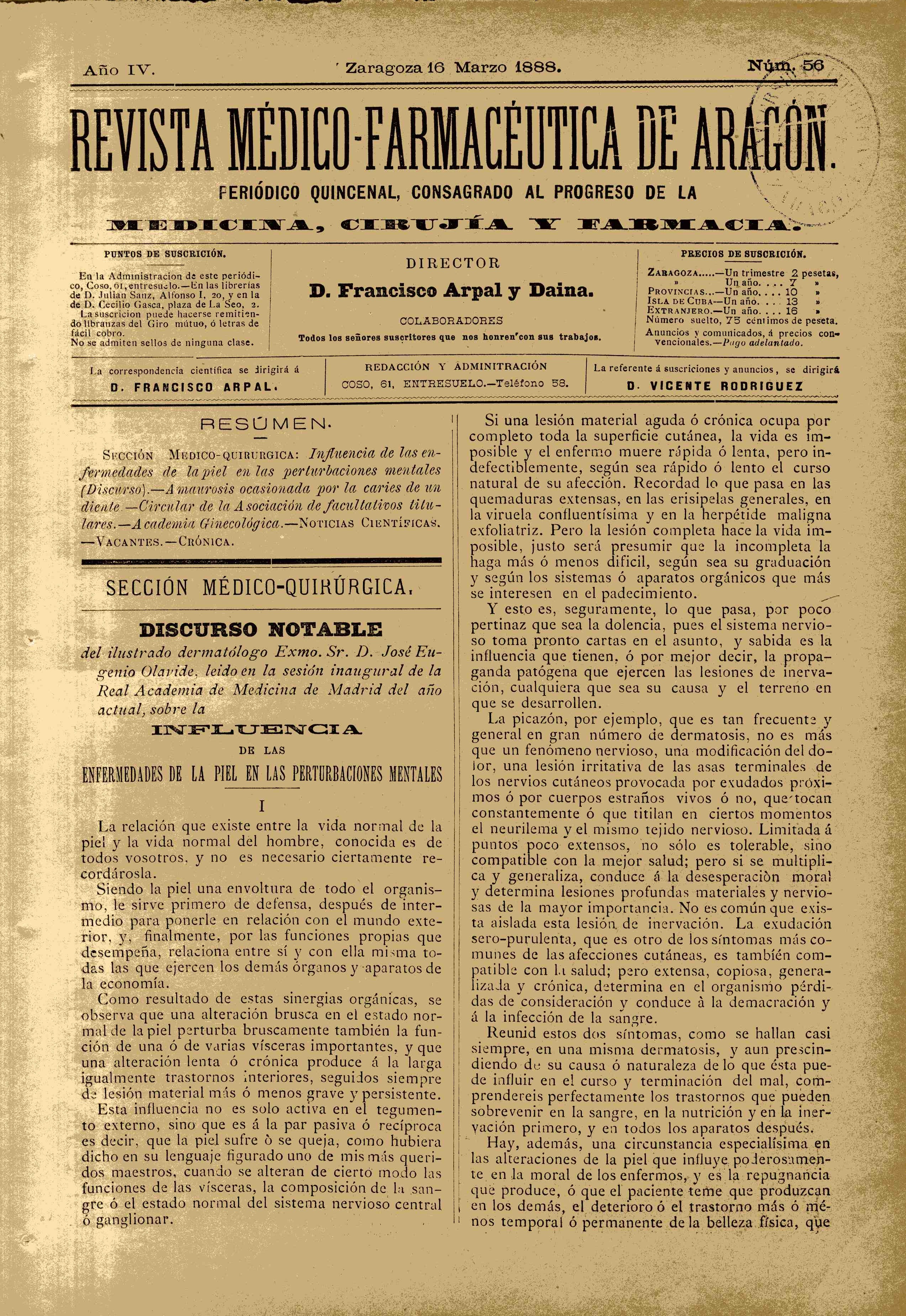 Revista médico-farmacéutica de Aragón, Año 4, 4 (1888)