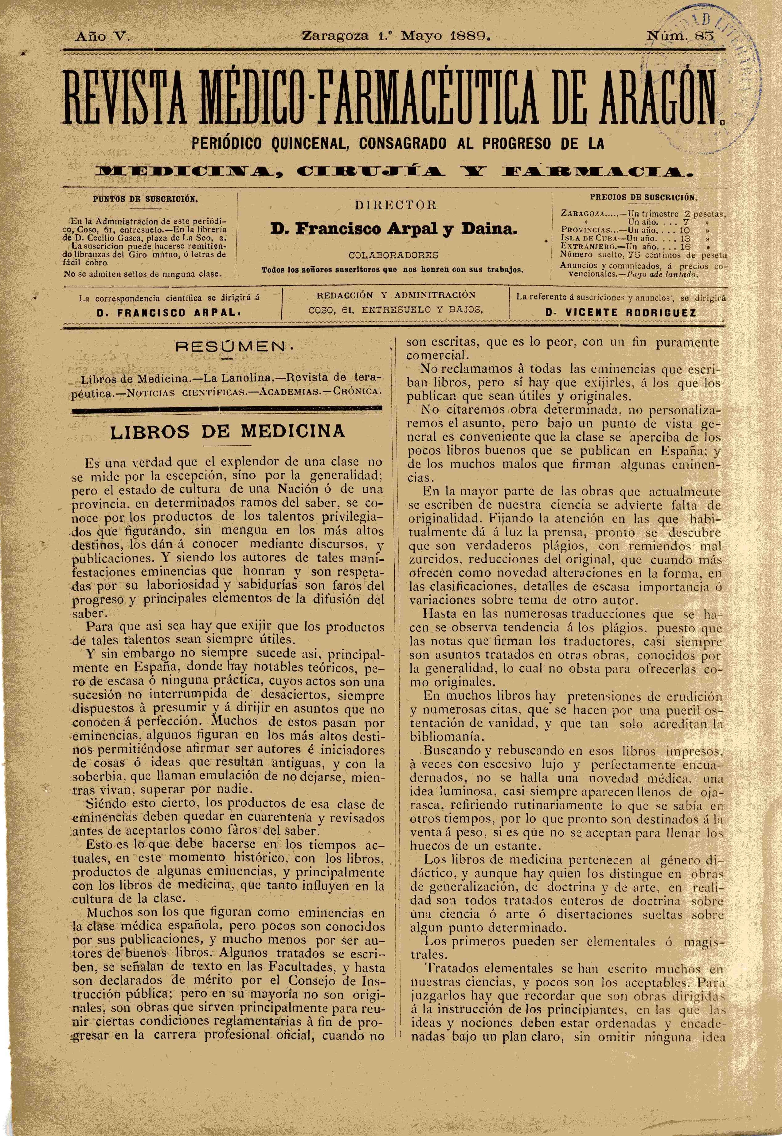 Revista médico-farmacéutica de Aragón, Año 5, 5 (1889)