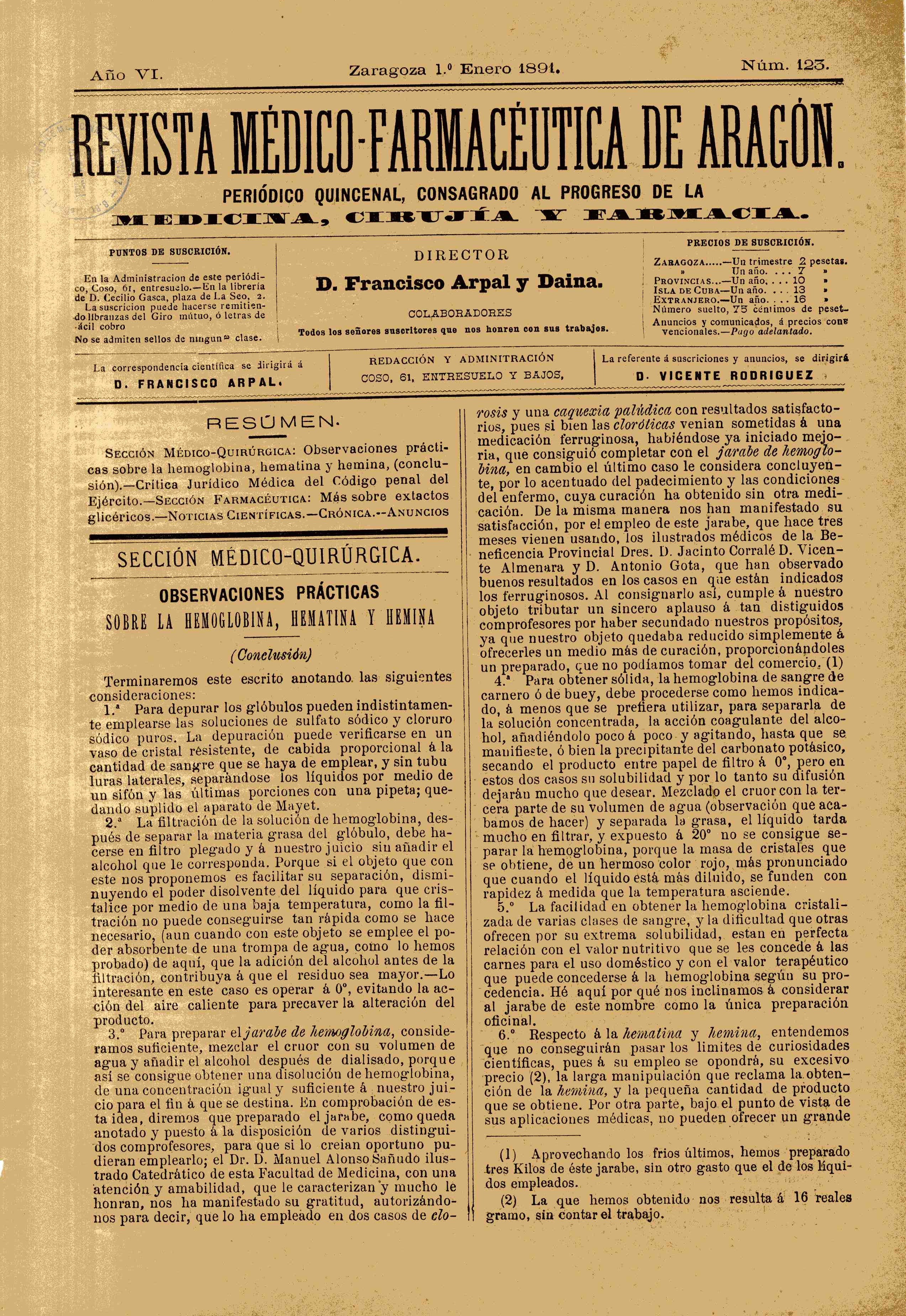 Revista médico-farmacéutica de Aragón, Año 7, 7 (1891)