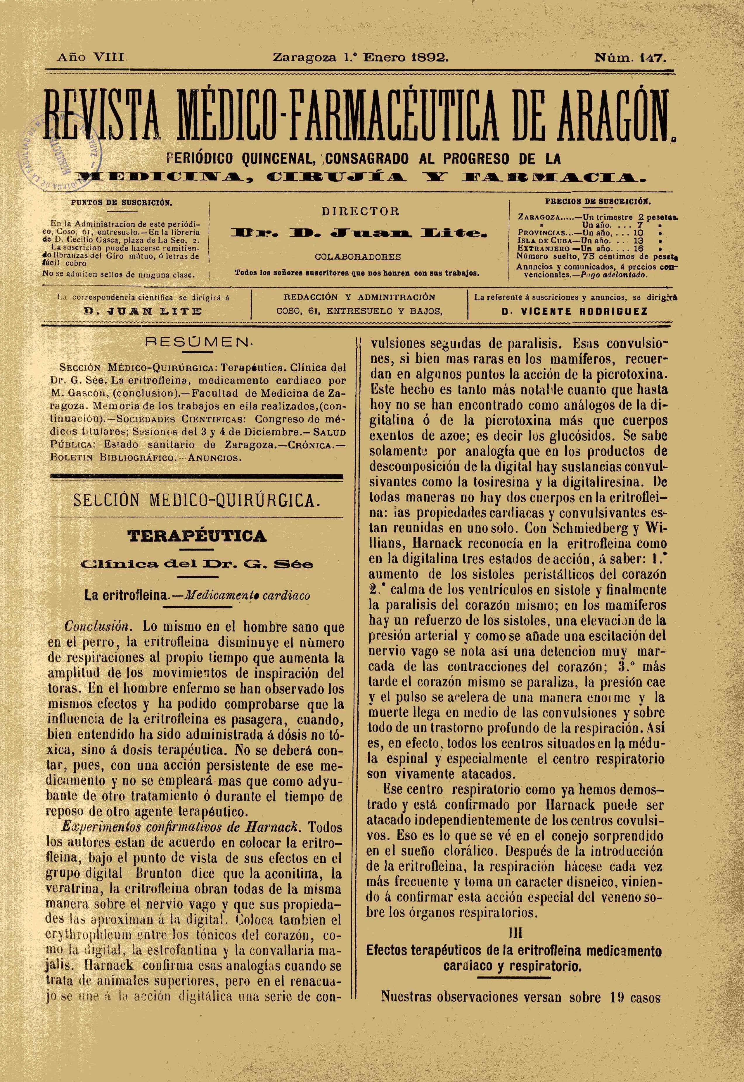 Revista médico-farmacéutica de Aragón, Año 8, 8 (1892)