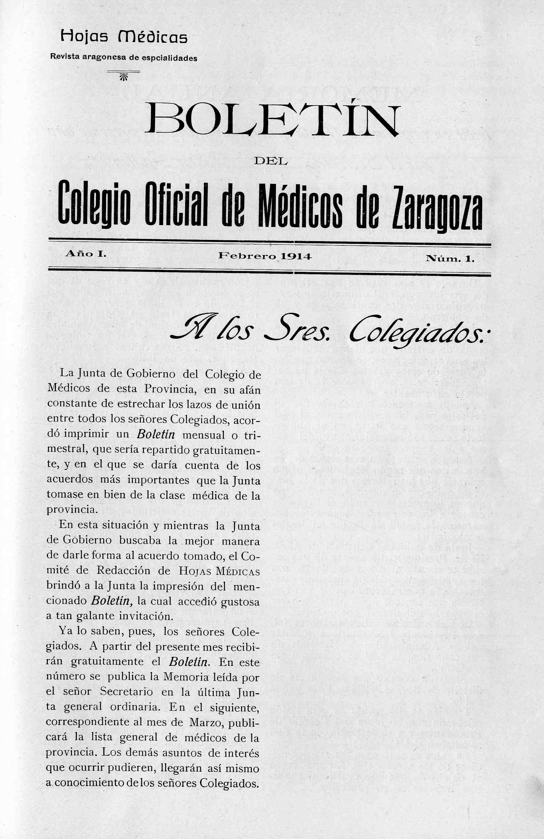 Boletín del  Colegio Oficial de Médicos de  Zaragoza. Boletín de Hojas Médicas, Año 1, I (1914)