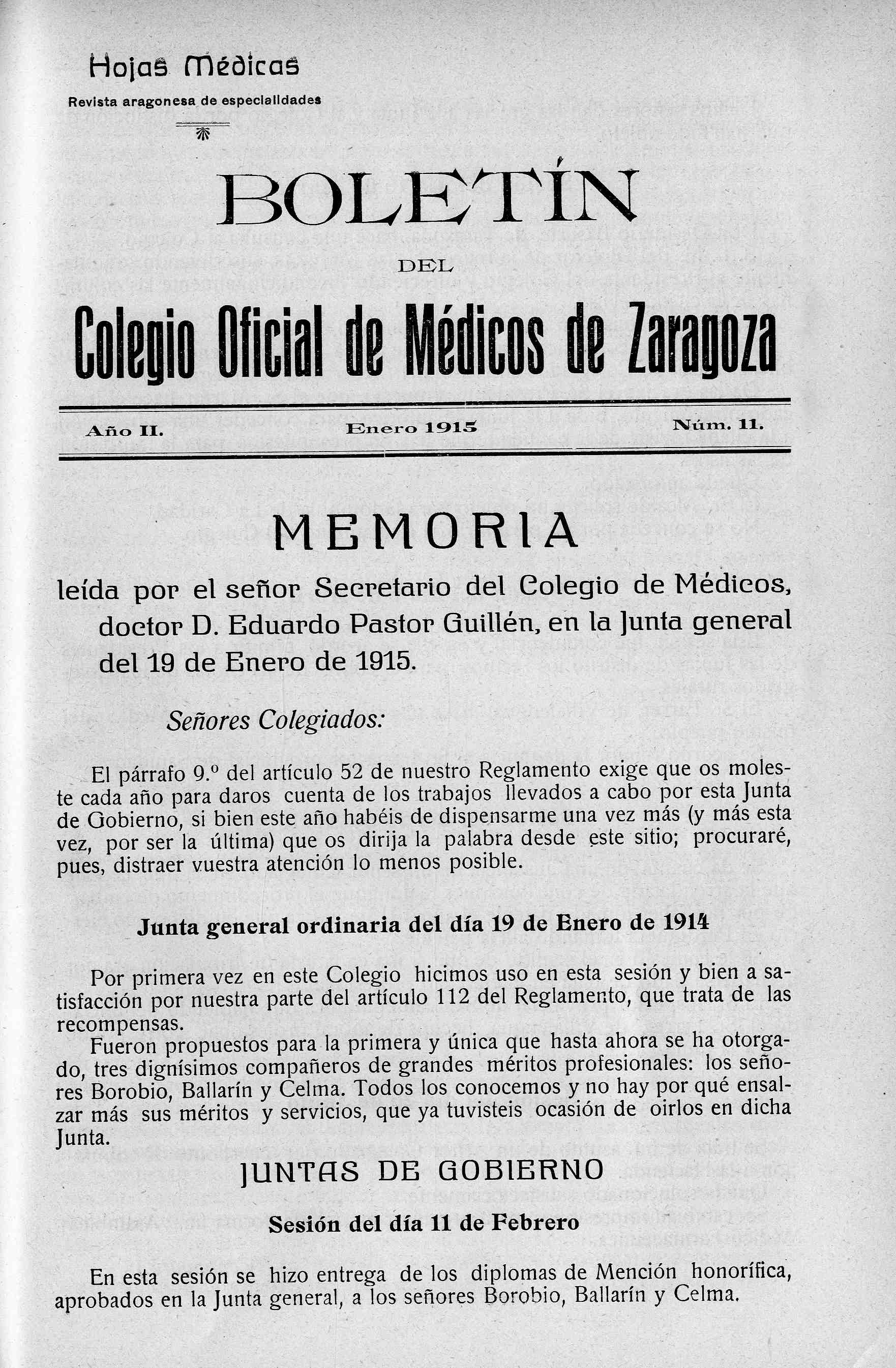 Boletín del  Colegio Oficial de Médicos de  Zaragoza. Boletín de Hojas Médicas, Año 2, II (1915)