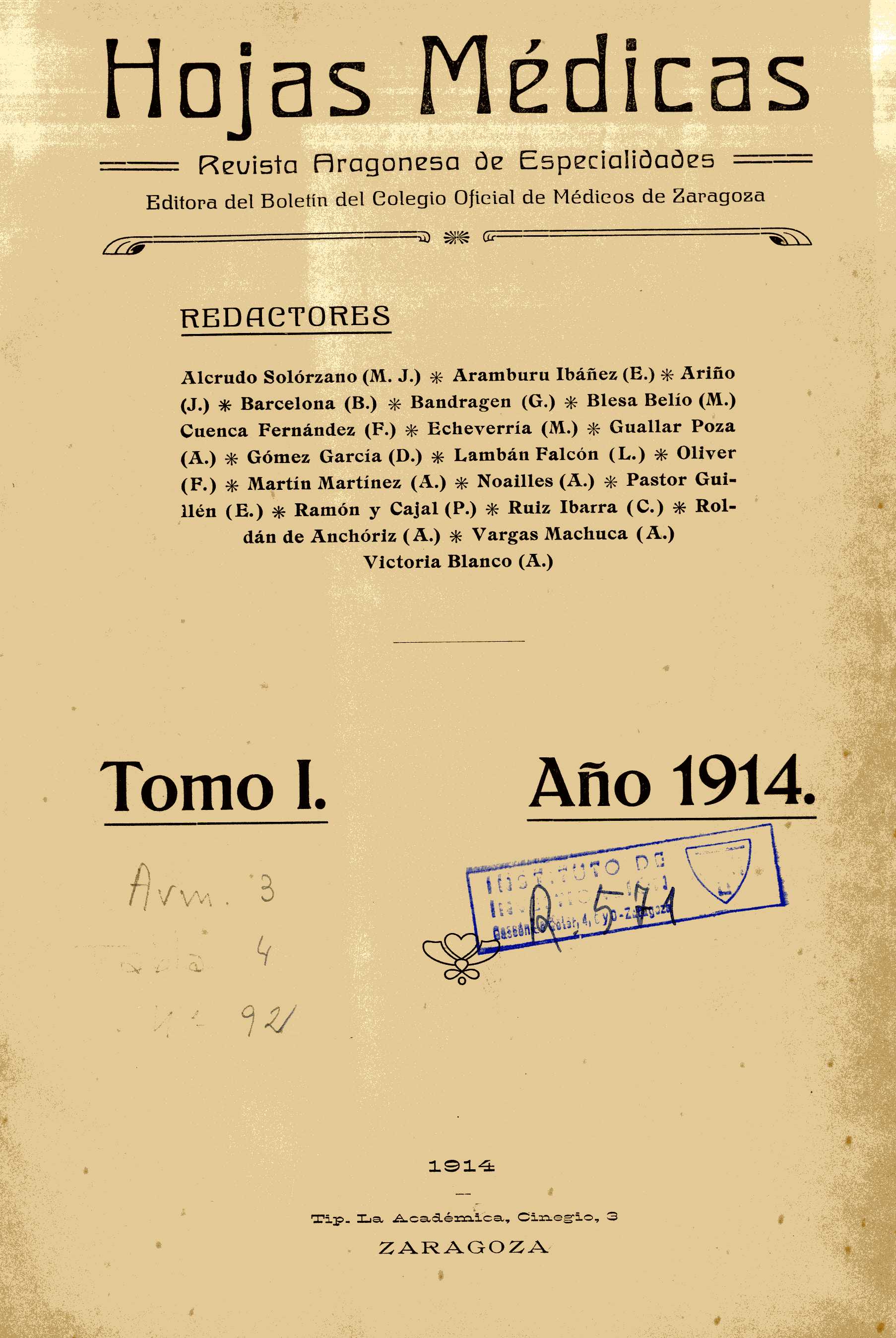 Hojas Médicas. Revista aragonesa de especialidades, Tomo 1, I (1914)