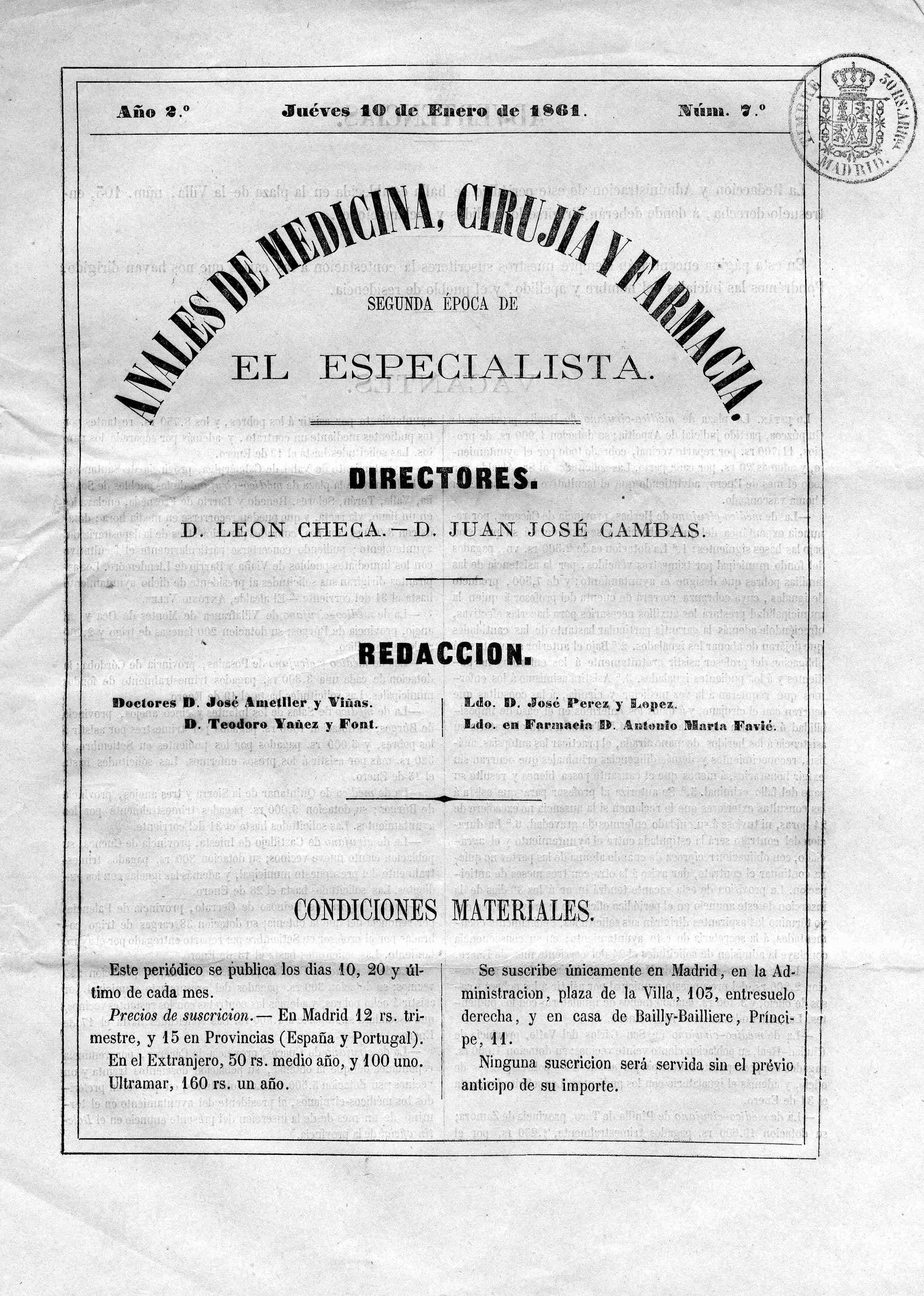 Anales de medicina, cirugía y farmacia, Año 2, 2 (1861)