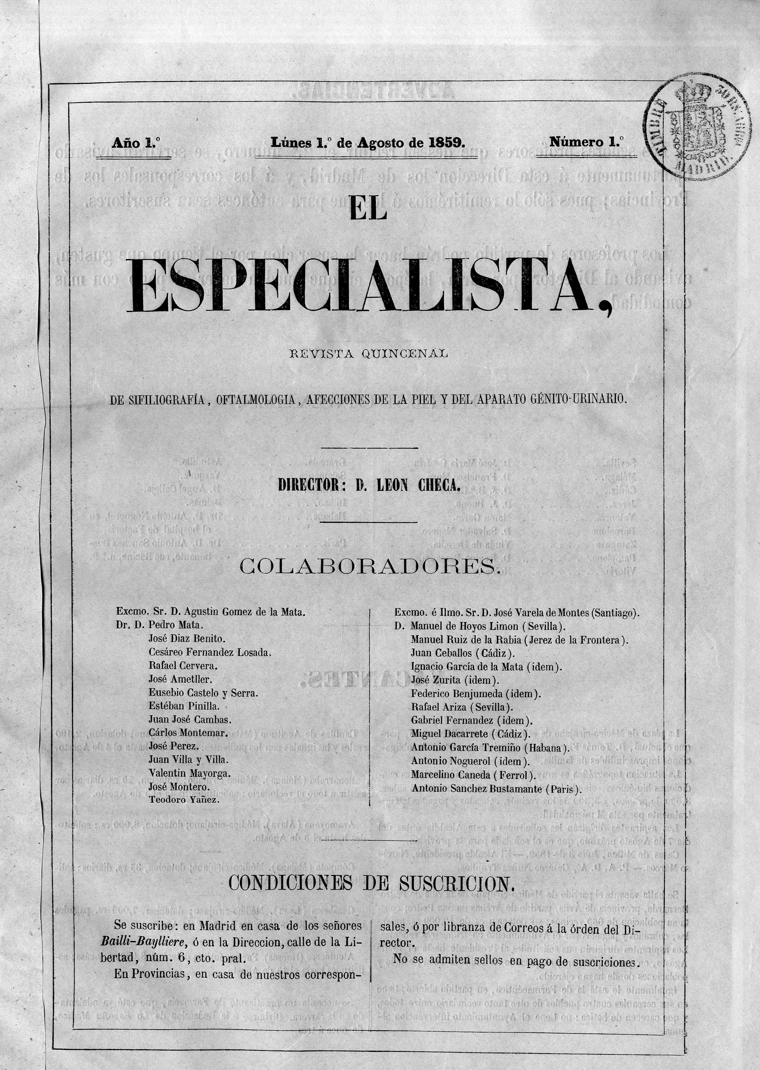 El especialista (Madrid), Año 1, 1 (1859)