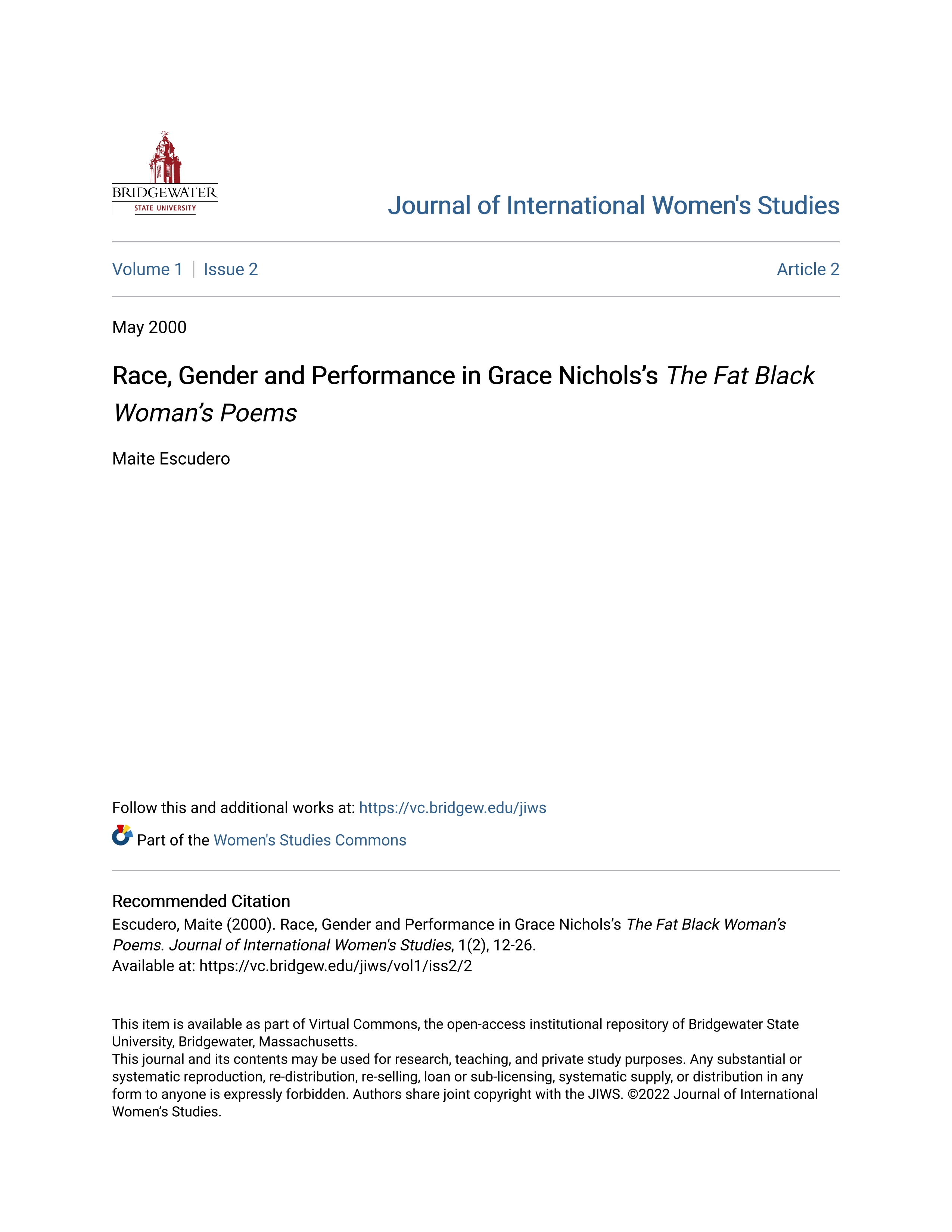 Race, Gender and Performance in Grace Nichols's The Fat Black Woman's Poems