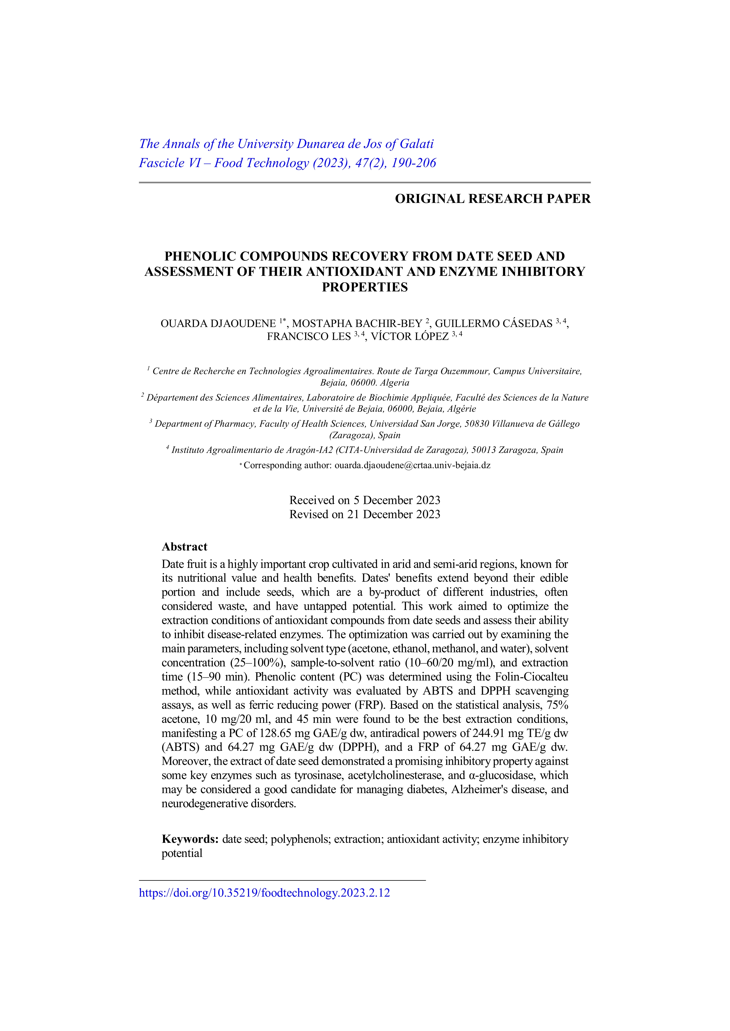 Phenolic compounds recovery from date seed and assessment of their antioxidant and enzyme inhibitory properties