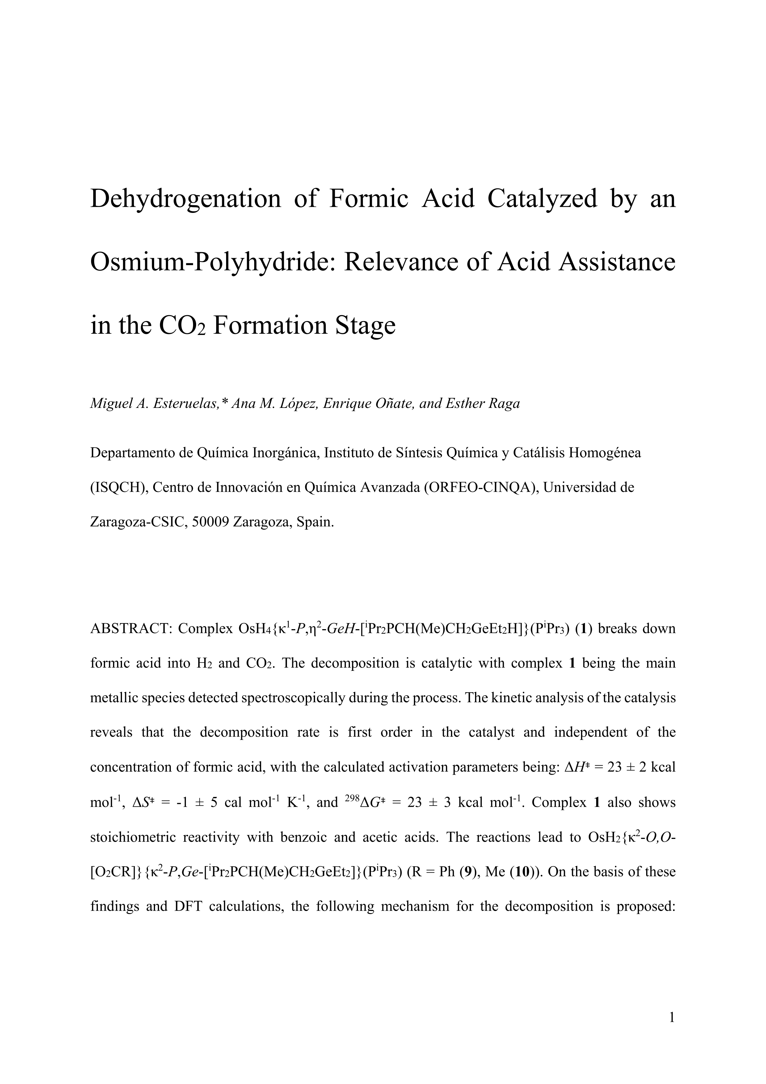 Dehydrogenation of Formic Acid Catalyzed by an Osmium-Polyhydride: relevance of Acid Assistance in the CO2 Formation Stage