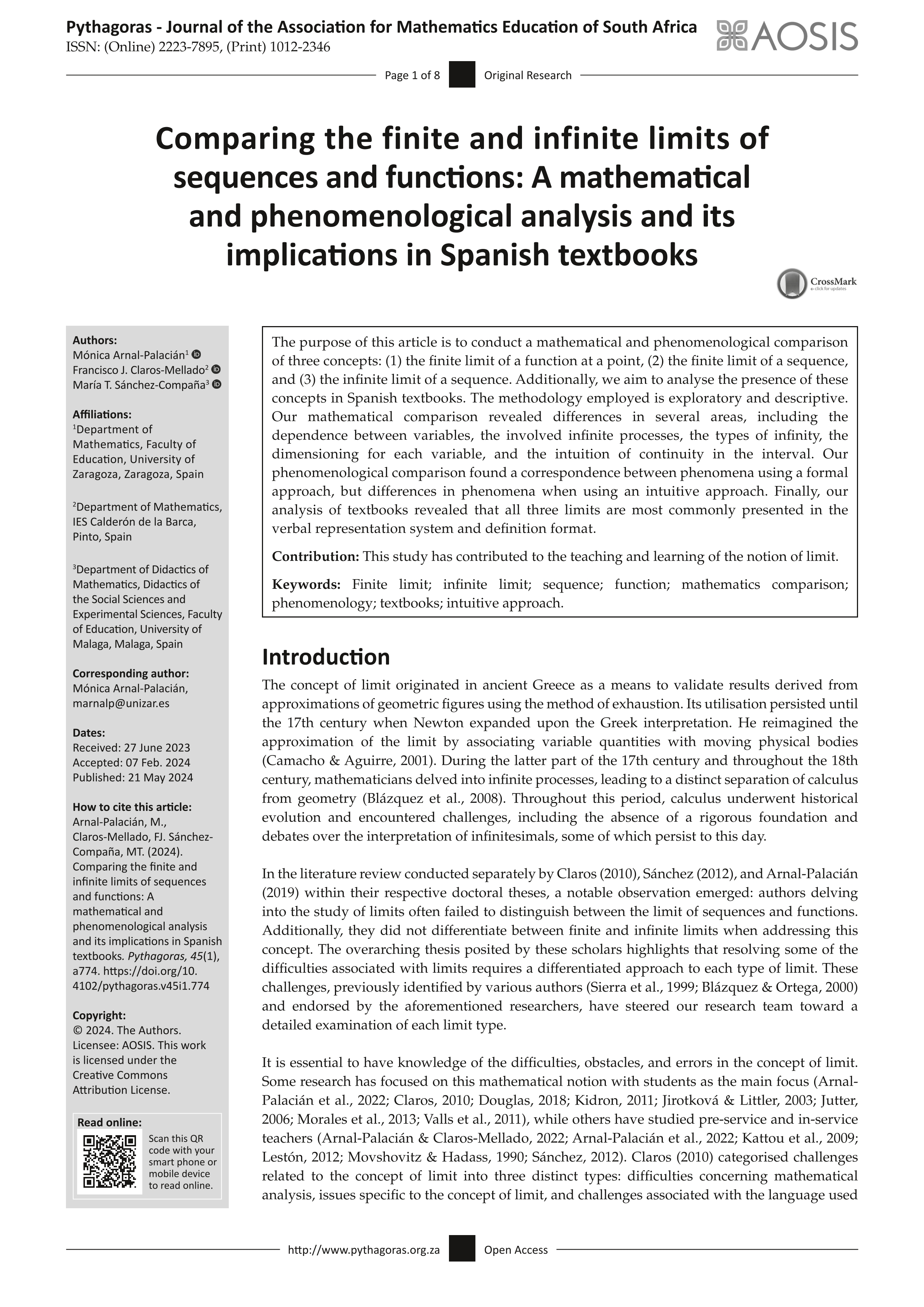 Comparing the finite and infinite limits of sequences and functions: A mathematical and phenomenological analysis and its implications in Spanish textbooks