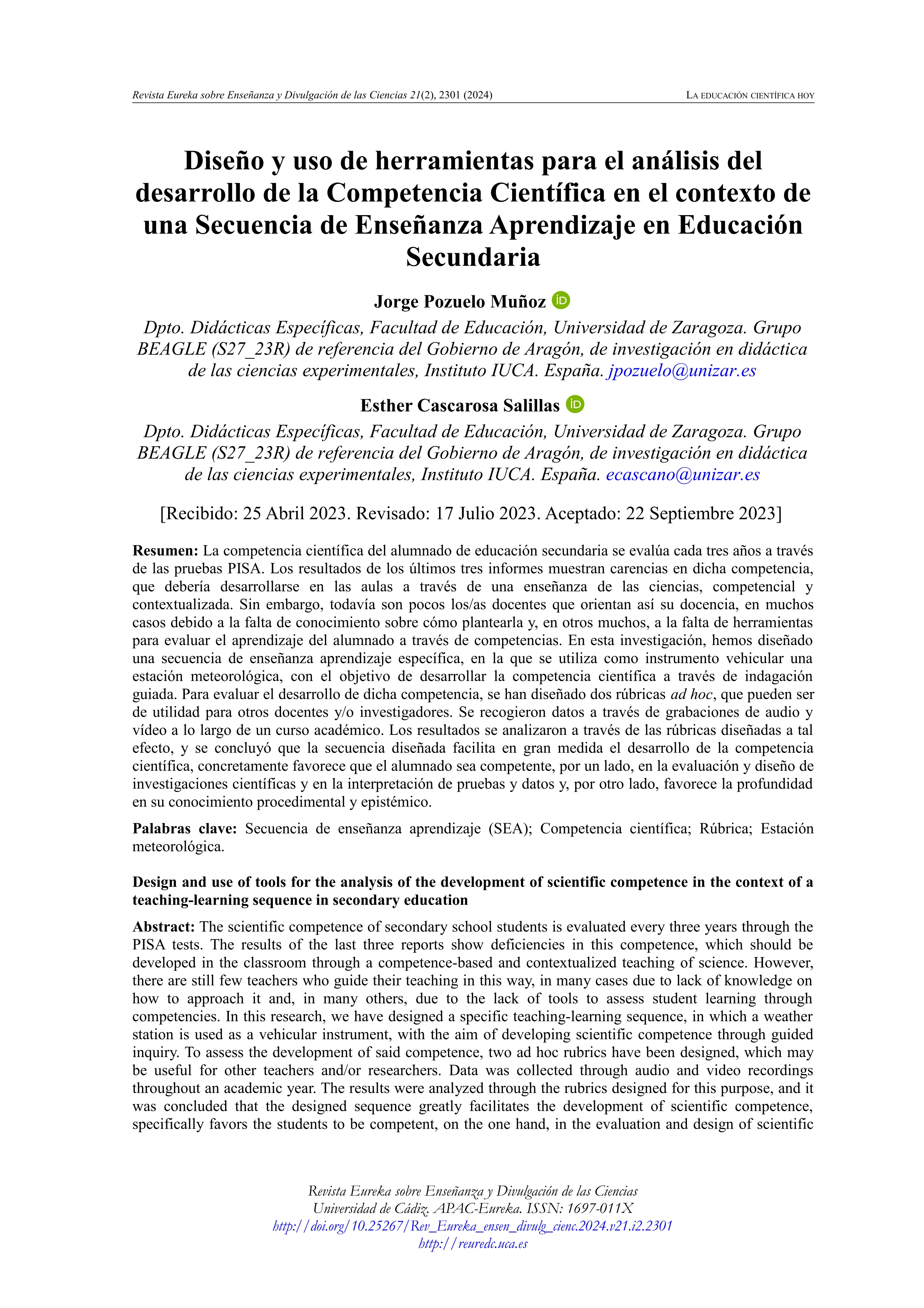 Diseño y uso de herramientas para el análisis del desarrollo de la Competencia Científica en el contexto de una Secuencia de Enseñanza Aprendizaje en Educación Secundaria