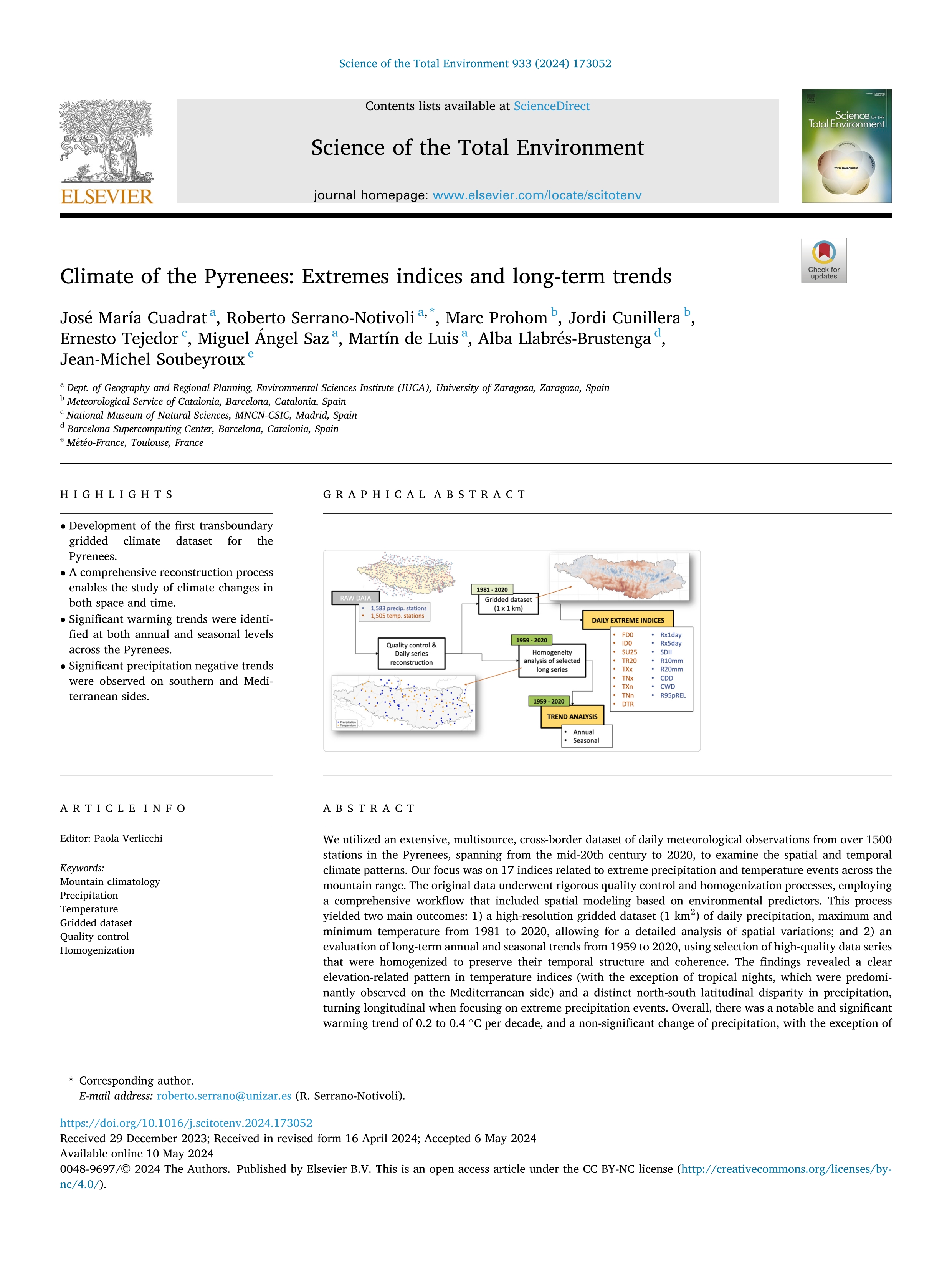 Climate of the Pyrenees: Extremes indices and long-term trends