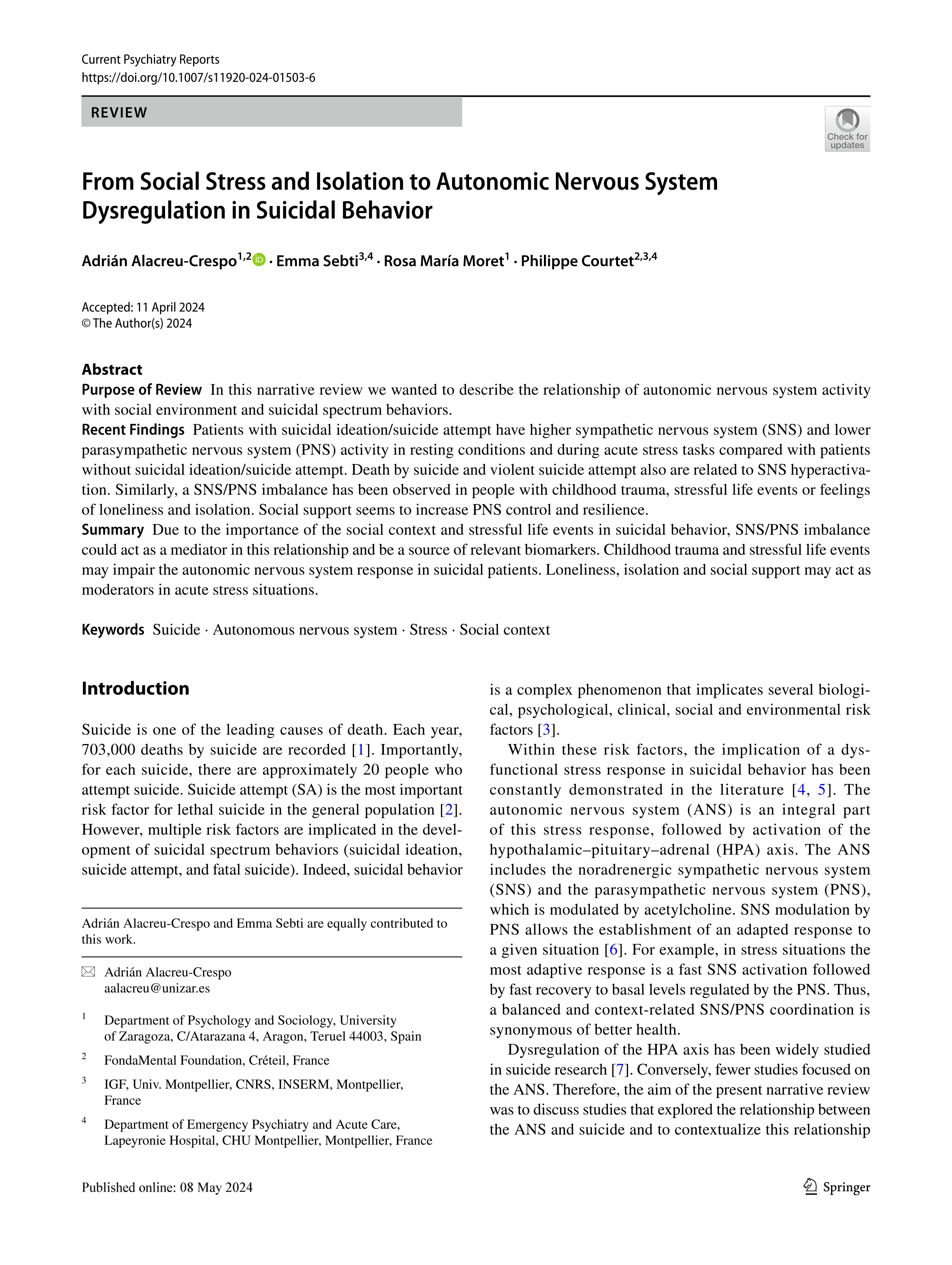 From social stress and isolation to autonomic nervous system dysregulation in suicidal behavior