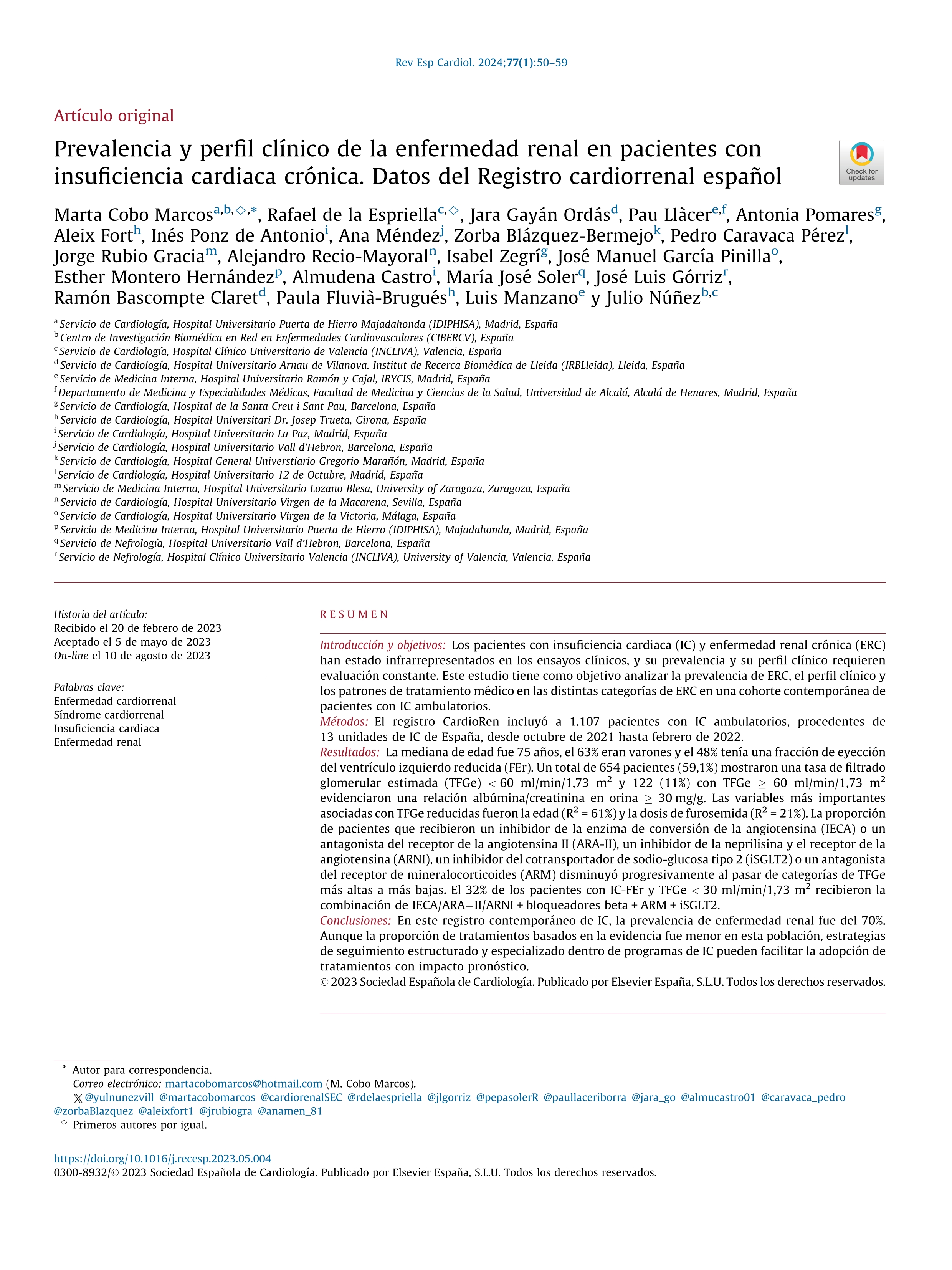 Prevalencia y perfil clínico de la enfermedad renal en pacientes con insuficiencia cardiaca crónica. Datos del Registro cardiorrenal español
