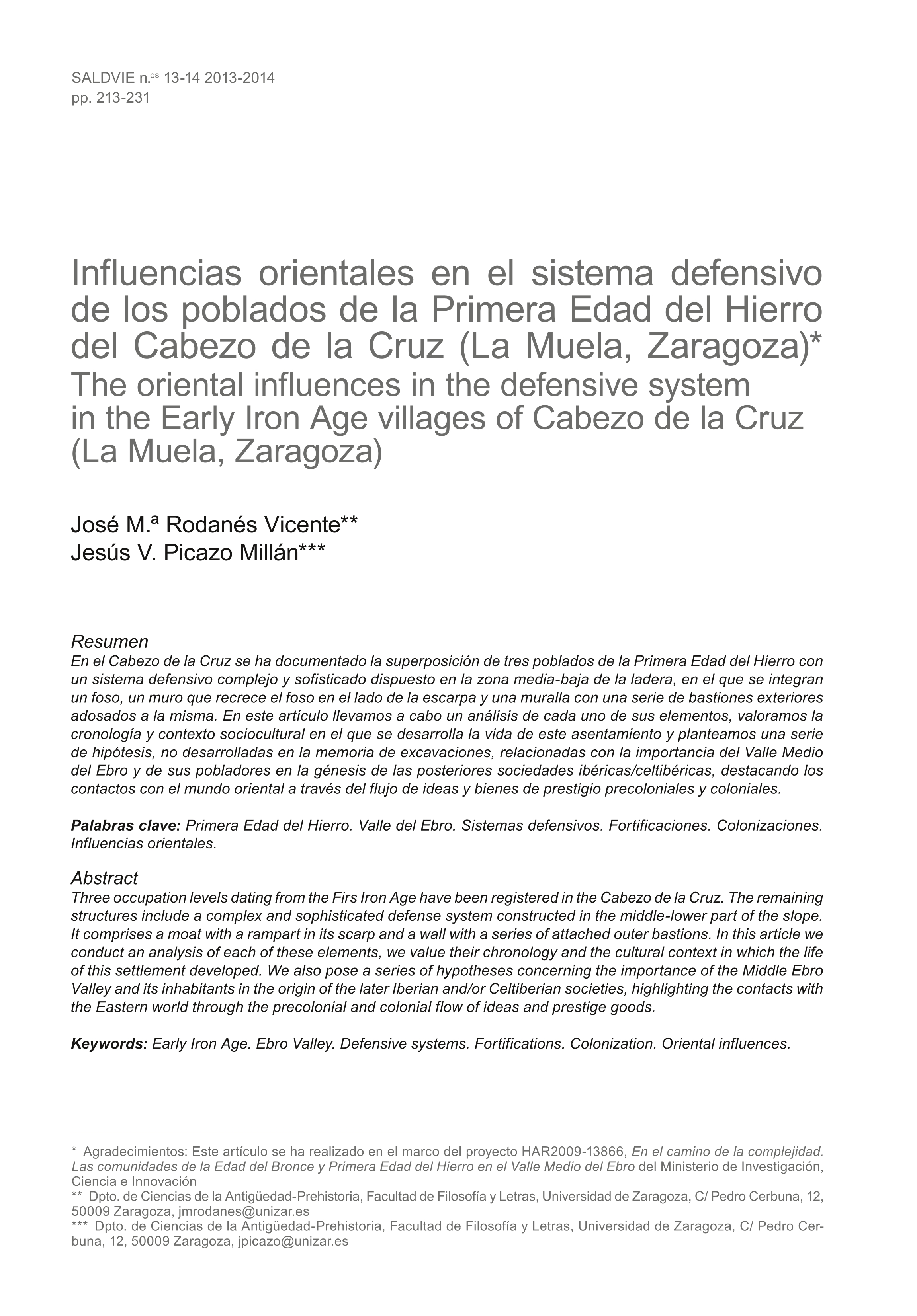 Influencias orientales en el sistema defensivo de los poblados de la Primera Edad del Hierro del Cabezo de la Cruz (La Muela, Zaragoza)