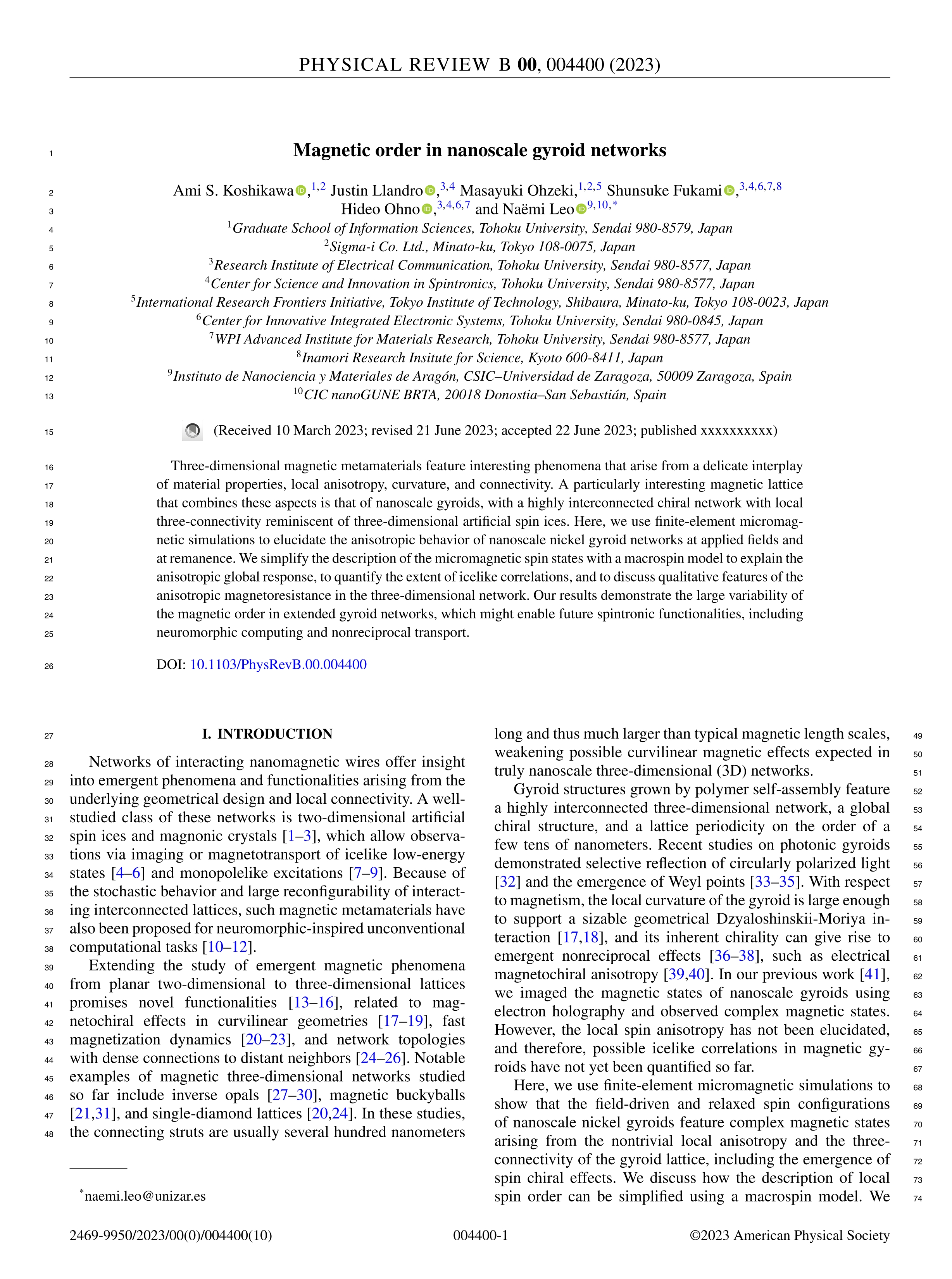 Magnetic order in nanoscale gyroid networks