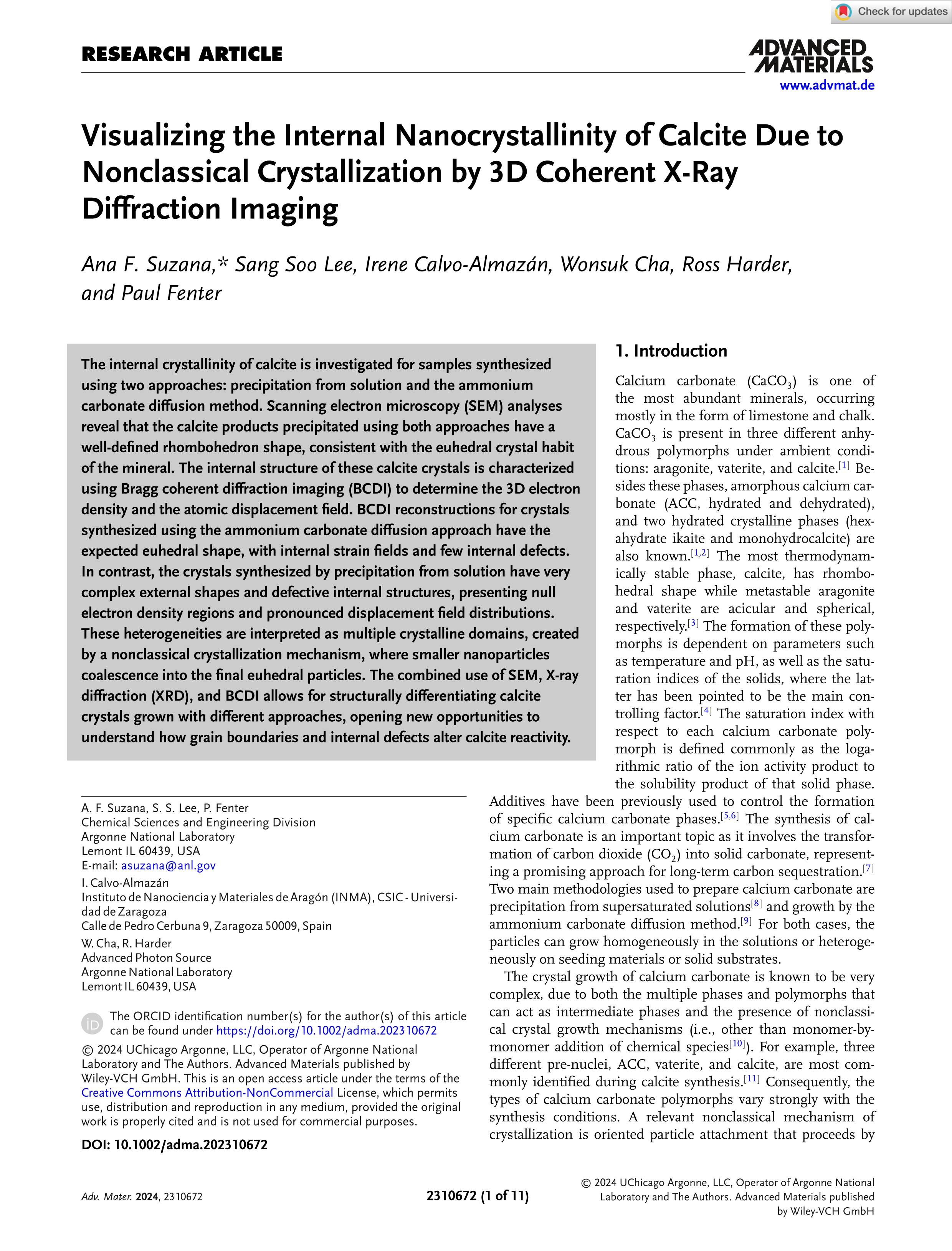 Visualizing the Internal Nanocrystallinity of Calcite Due to Nonclassical Crystallization by 3D Coherent X-Ray Diffraction Imaging