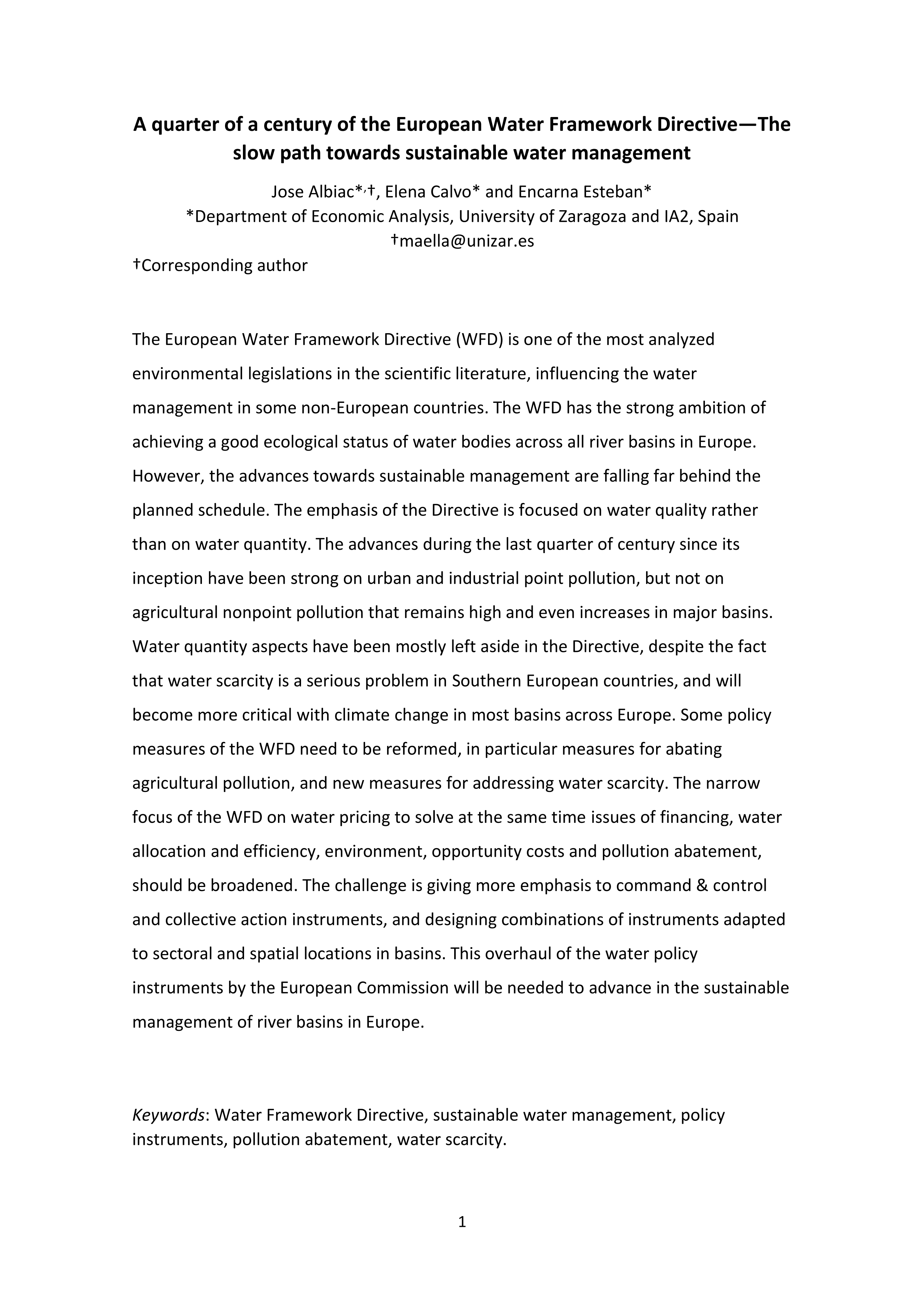 Review paper: a quarter of a century of the European Water Framework Directive — the slow path towards sustainable water management