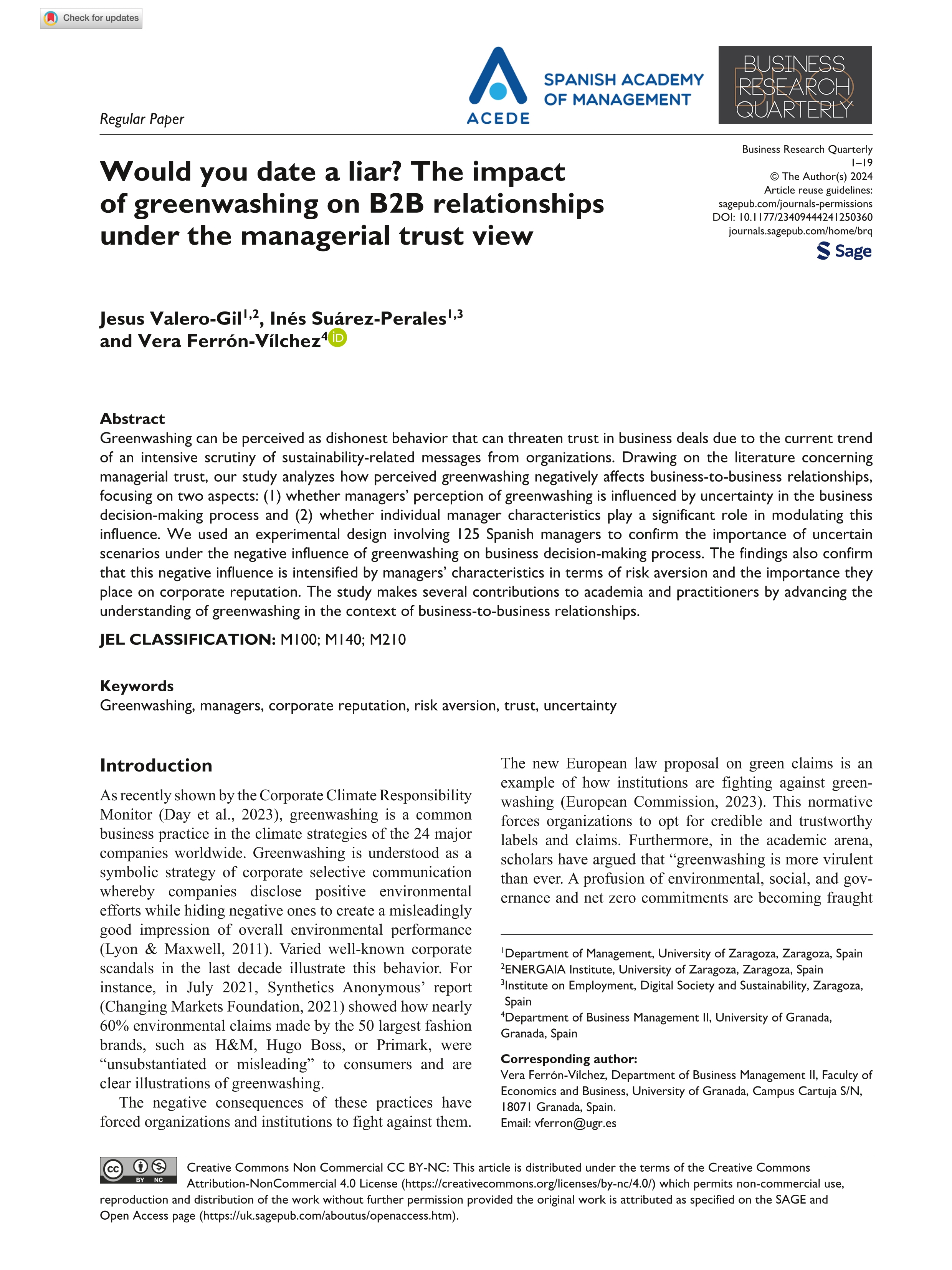 Would you date a liar? The impact of greenwashing on B2B relationships under the managerial trust view