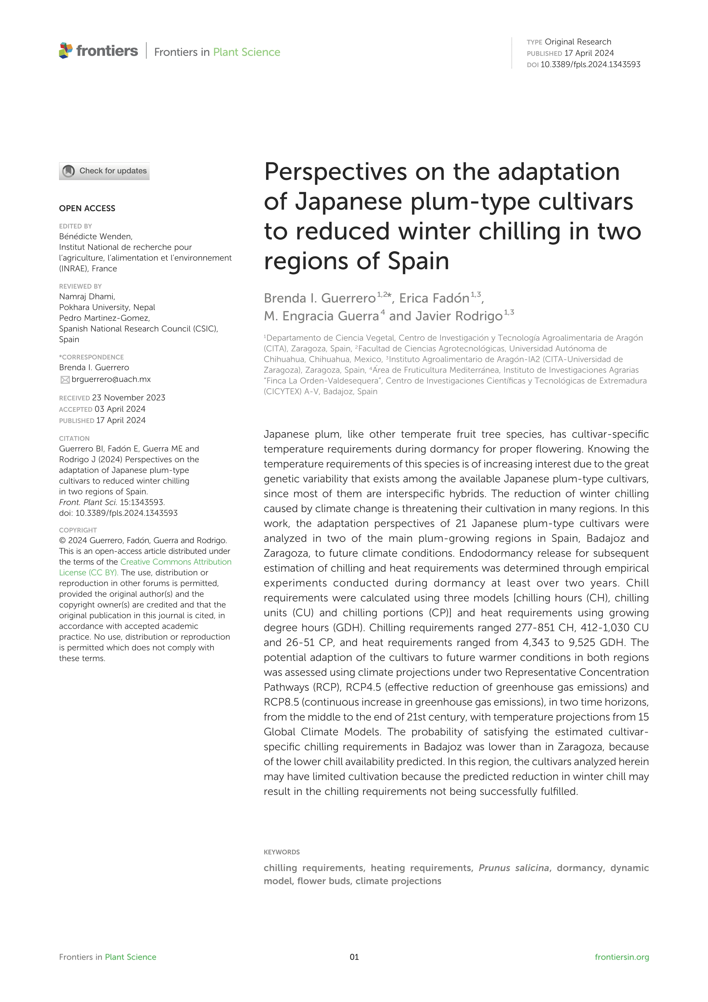 Perspectives on the adaptation of Japanese plum-type cultivars to reduced winter chilling in two regions of Spain