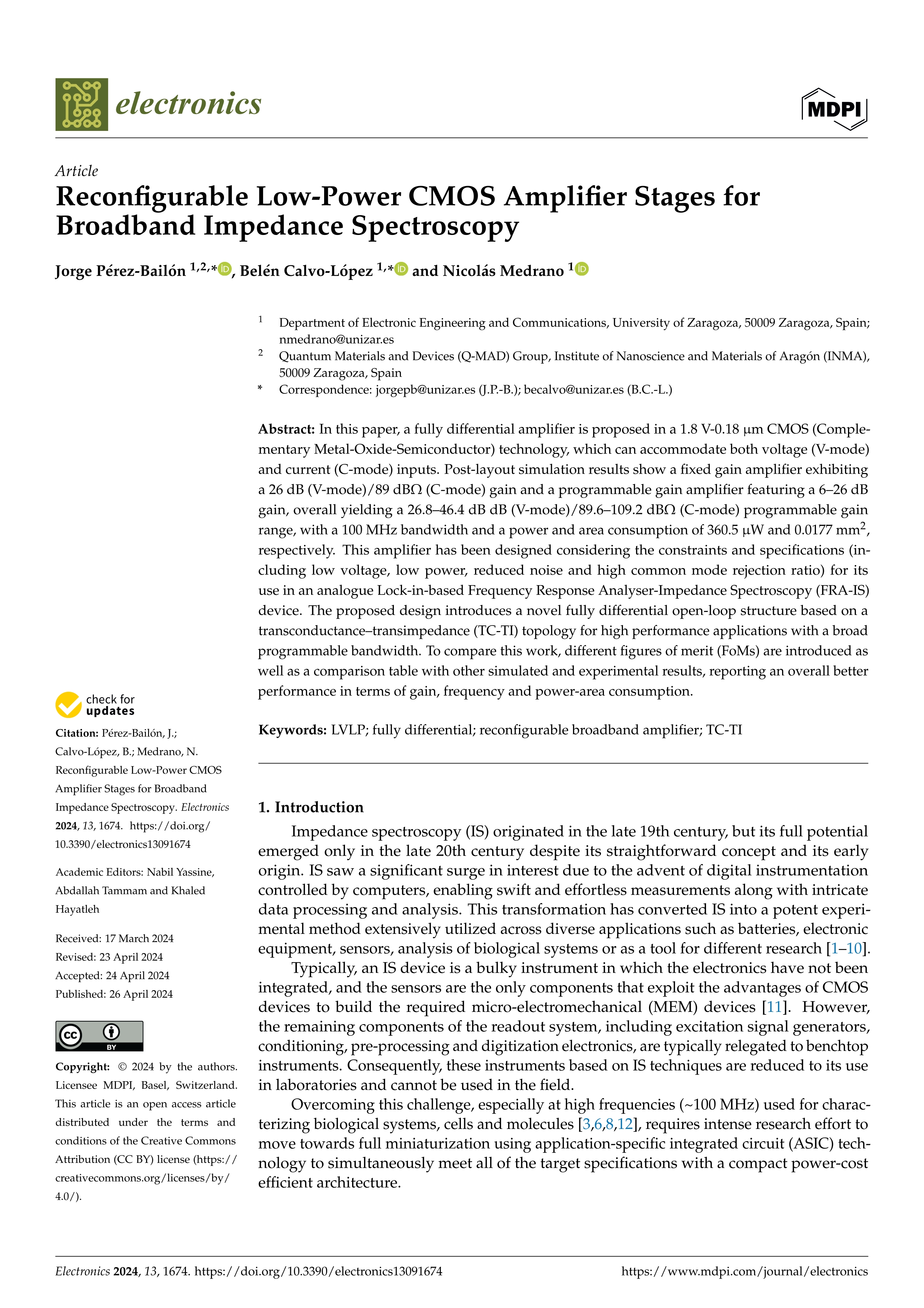 Reconfigurable low-power CMOS amplifier stages for broadband impedance spectroscopy