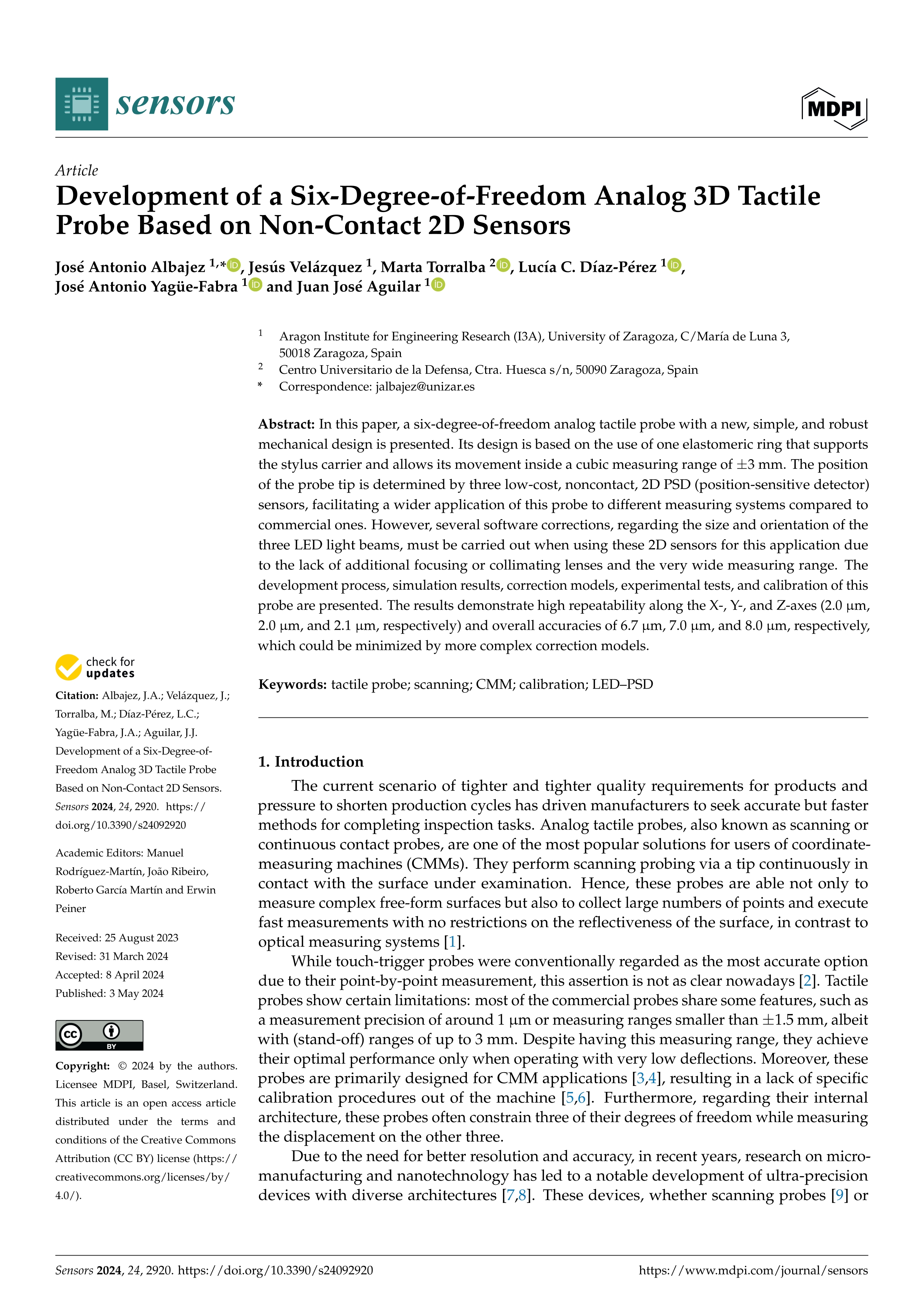 Development of a six-degree-of-freedom analog 3D tactile probe based on non-contact 2D sensors